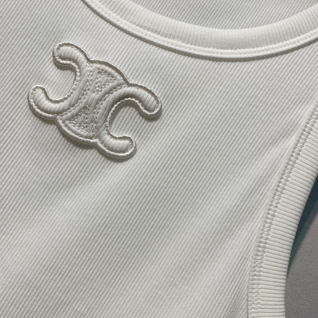 Celine Triomphe Tank Top White Ribbed Cotton 362634