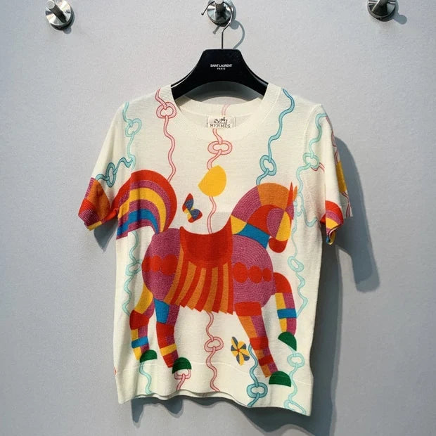 Hermes 2026 Horse Short-Sleeve T-Shirt Cream Mix Colors Cotton 376737