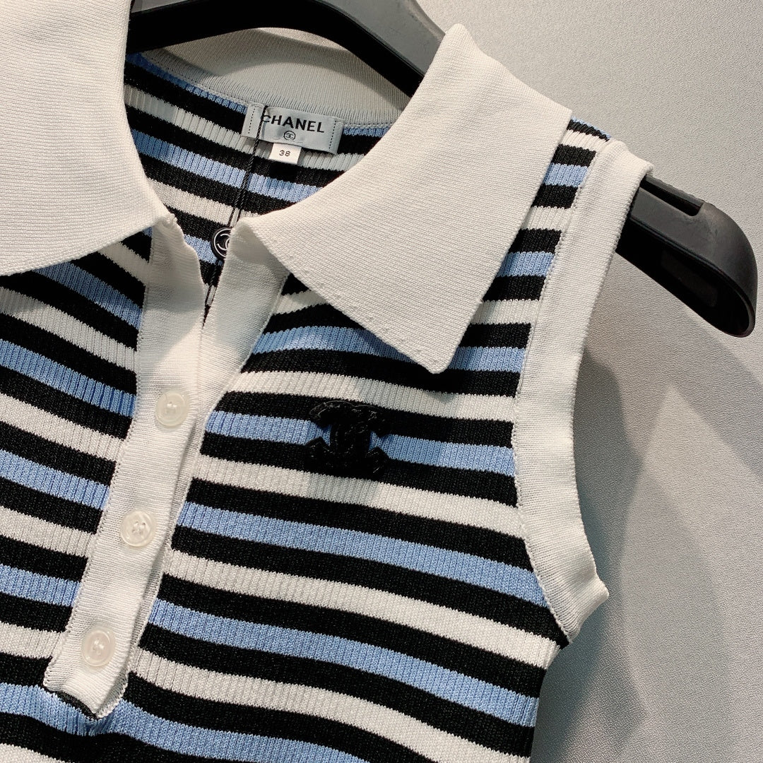CC 26s Striped Polo Collar Vest White Black Knit 395915