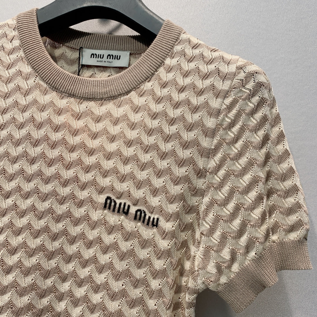 Miu 26s Short-Sleeve T-Shirt Brown White Knit 395917