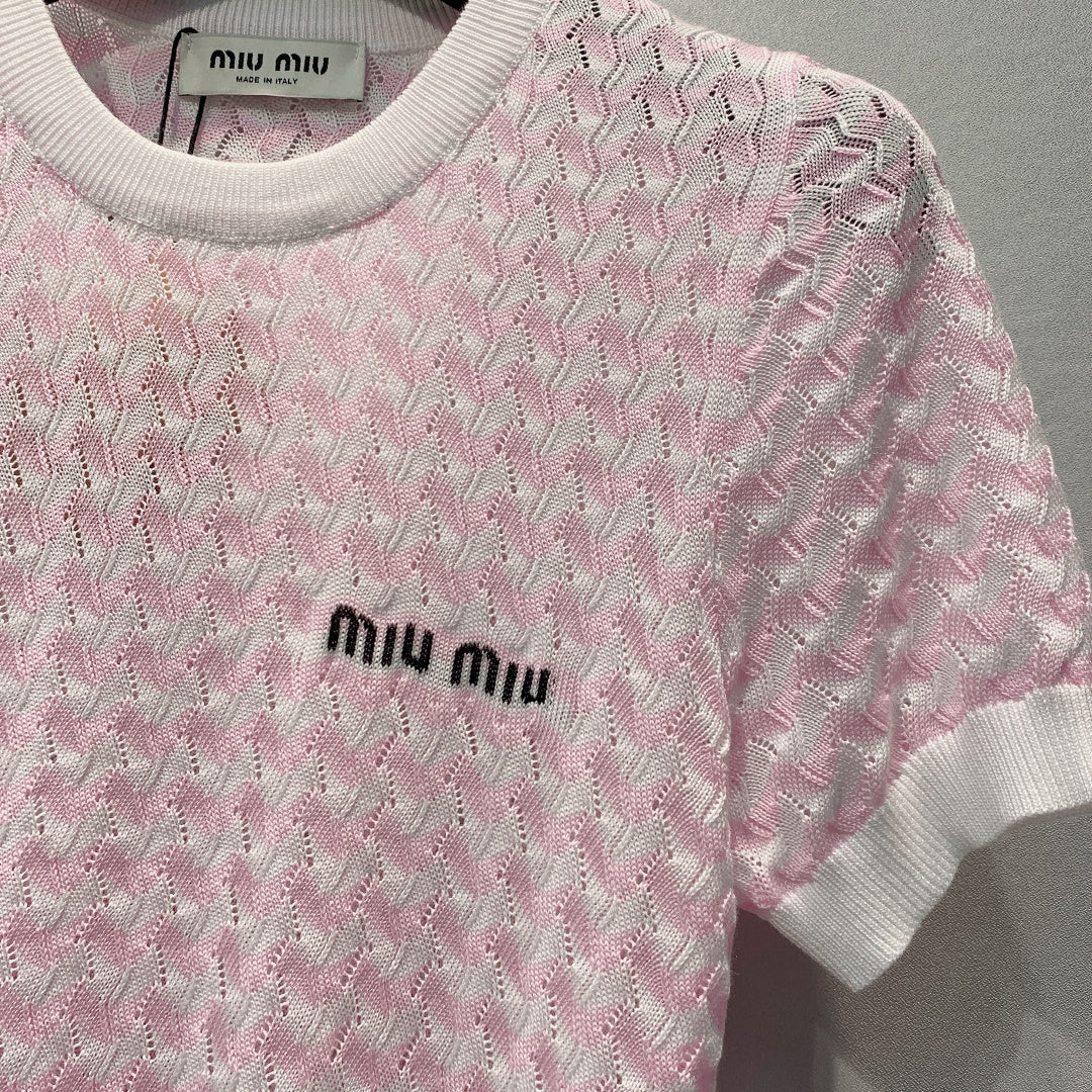 Miu 26s Short-Sleeve T-Shirt Pink White Knit 395918