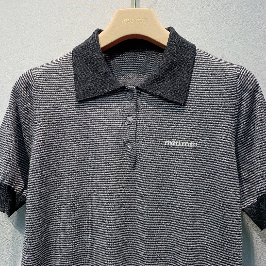Miu 26s Striped Polo Shirt Wool 406239