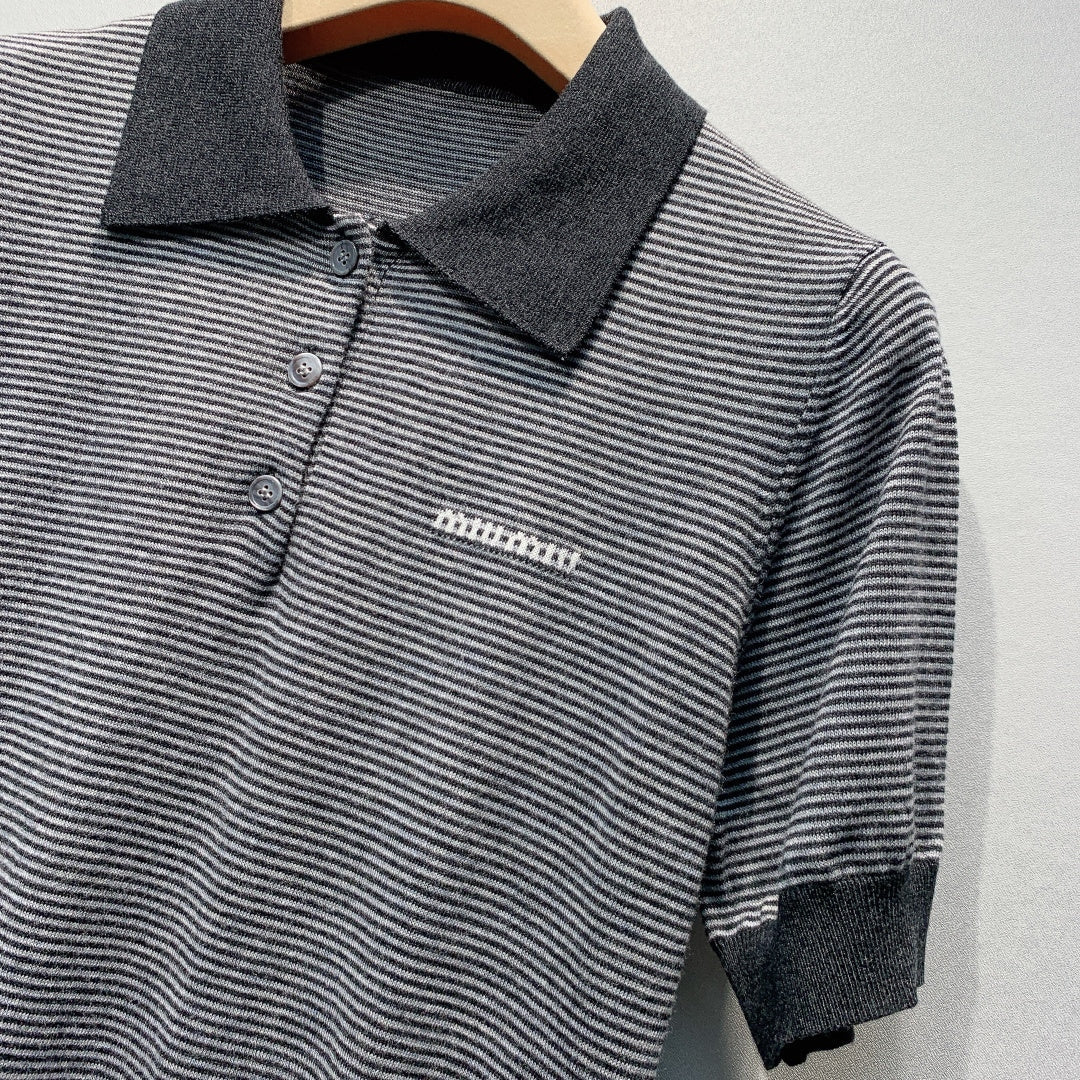 Miu 26s Striped Polo Shirt Wool 406239