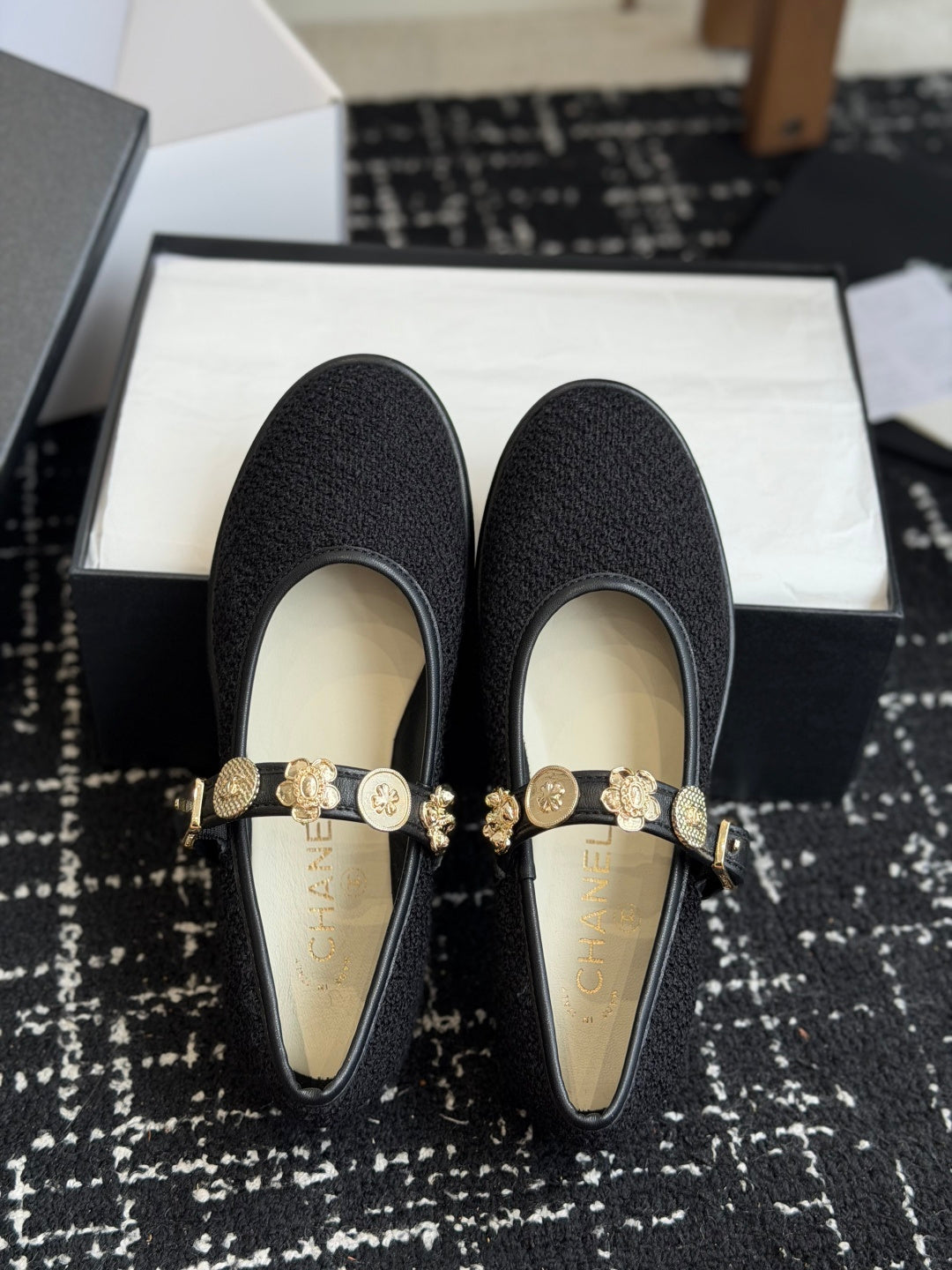 CC 26s Mary Jane Shoes Charm Strap Black Cotton 965115