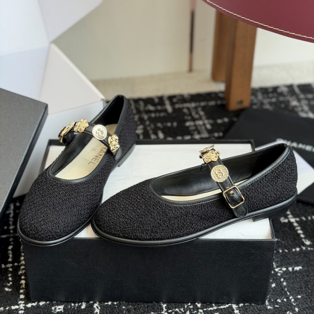 CC 26s Mary Jane Shoes Charm Strap Black Cotton 965115
