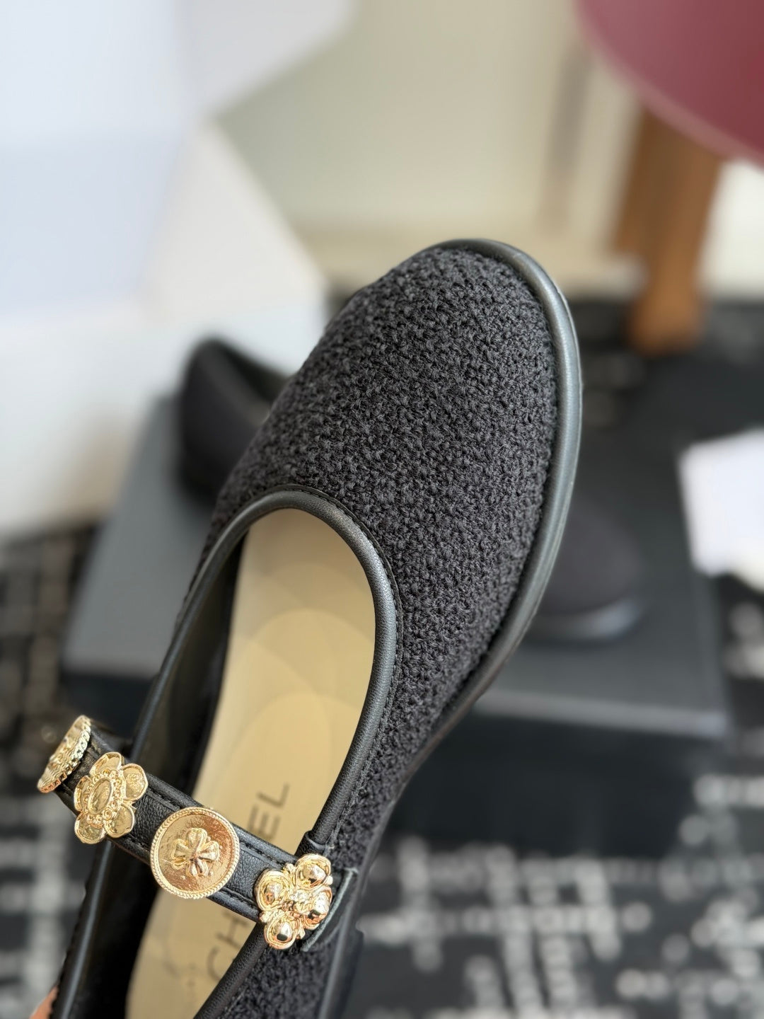 CC 26s Mary Jane Shoes Charm Strap Black Cotton 965115