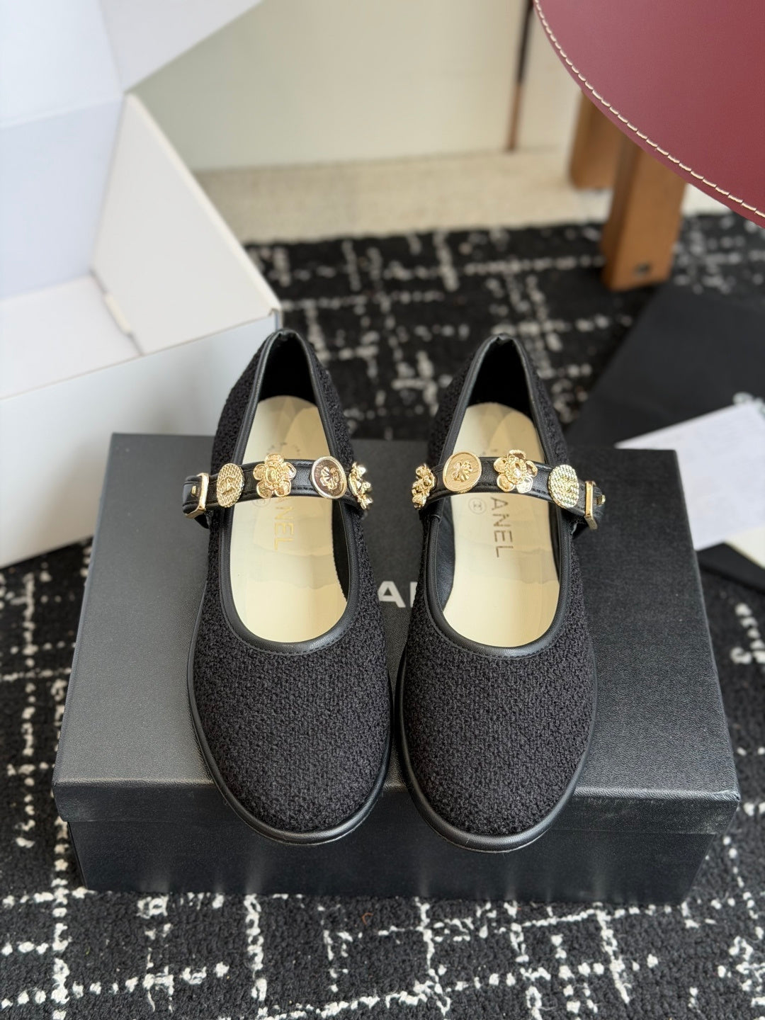 CC 26s Mary Jane Shoes Charm Strap Black Cotton 965115