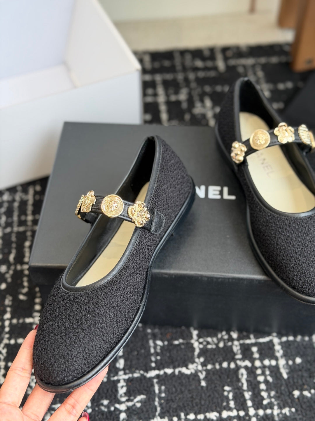 CC 26s Mary Jane Shoes Charm Strap Black Cotton 965115