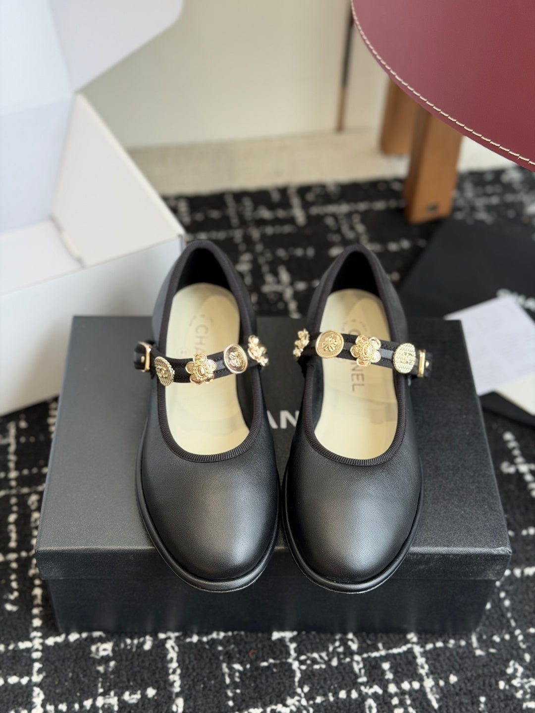 CC 26s Mary Jane Shoes Charm Strap Black Cowhide 965116