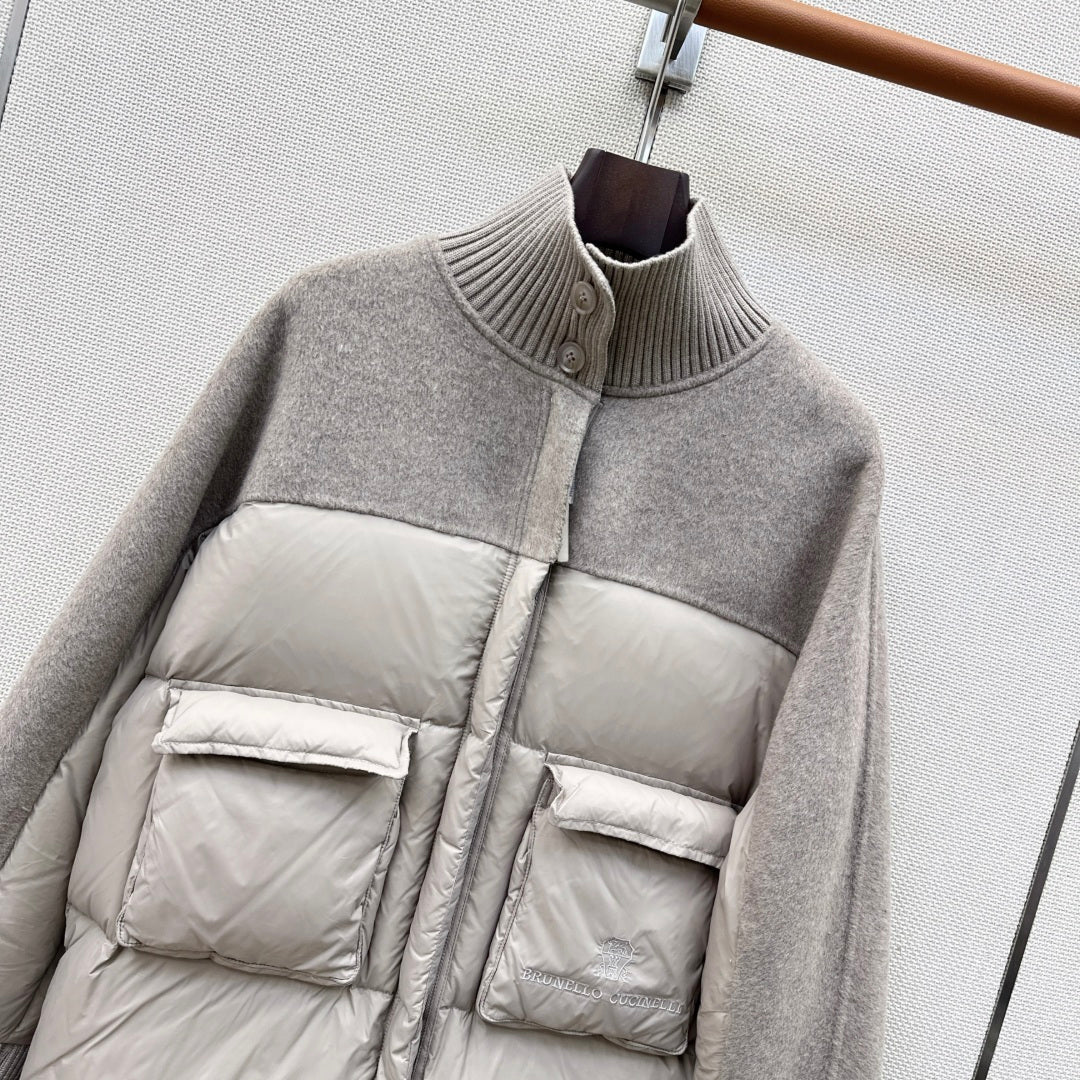 BC 26s Long Puffer Jacket Light Taupe Down Recycled Nylon Fabric 419328