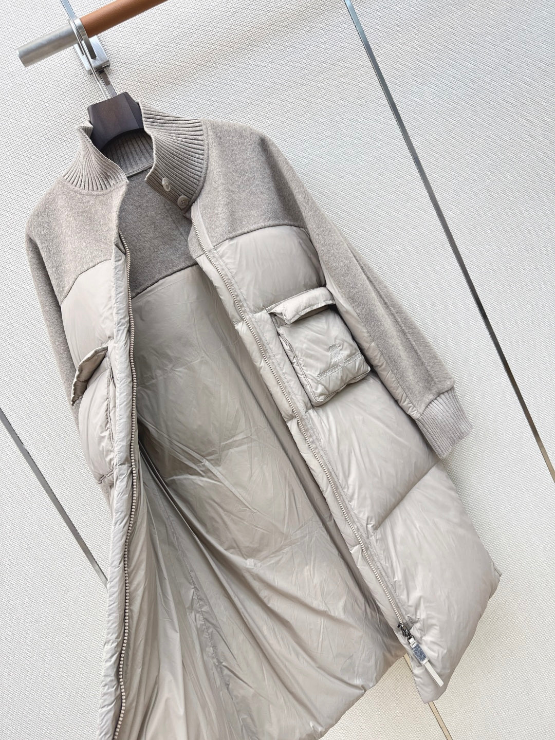 BC 26s Long Puffer Jacket Light Taupe Down Recycled Nylon Fabric 419328
