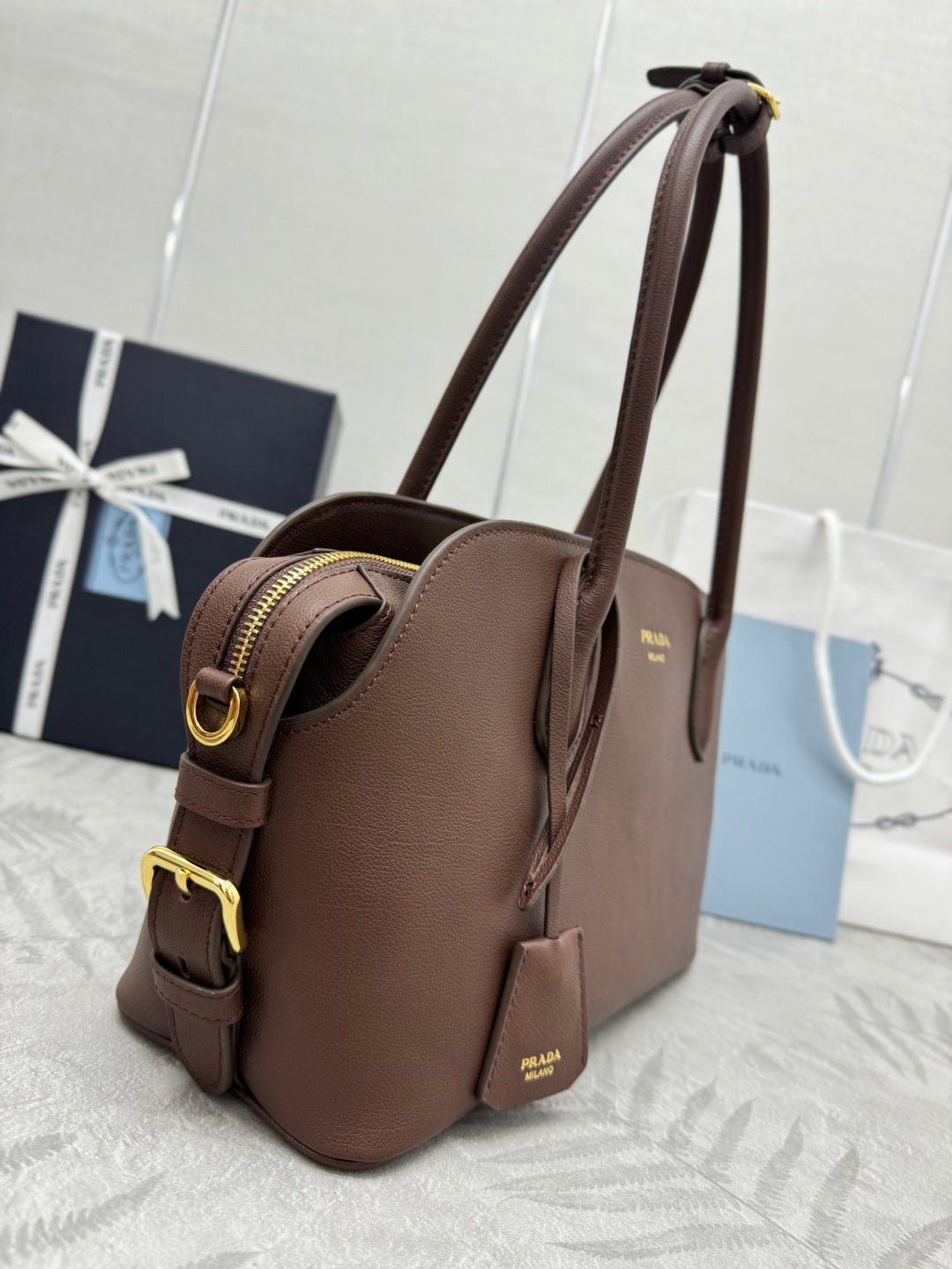 Prada Medium Signet Tote Brown Leather 144518