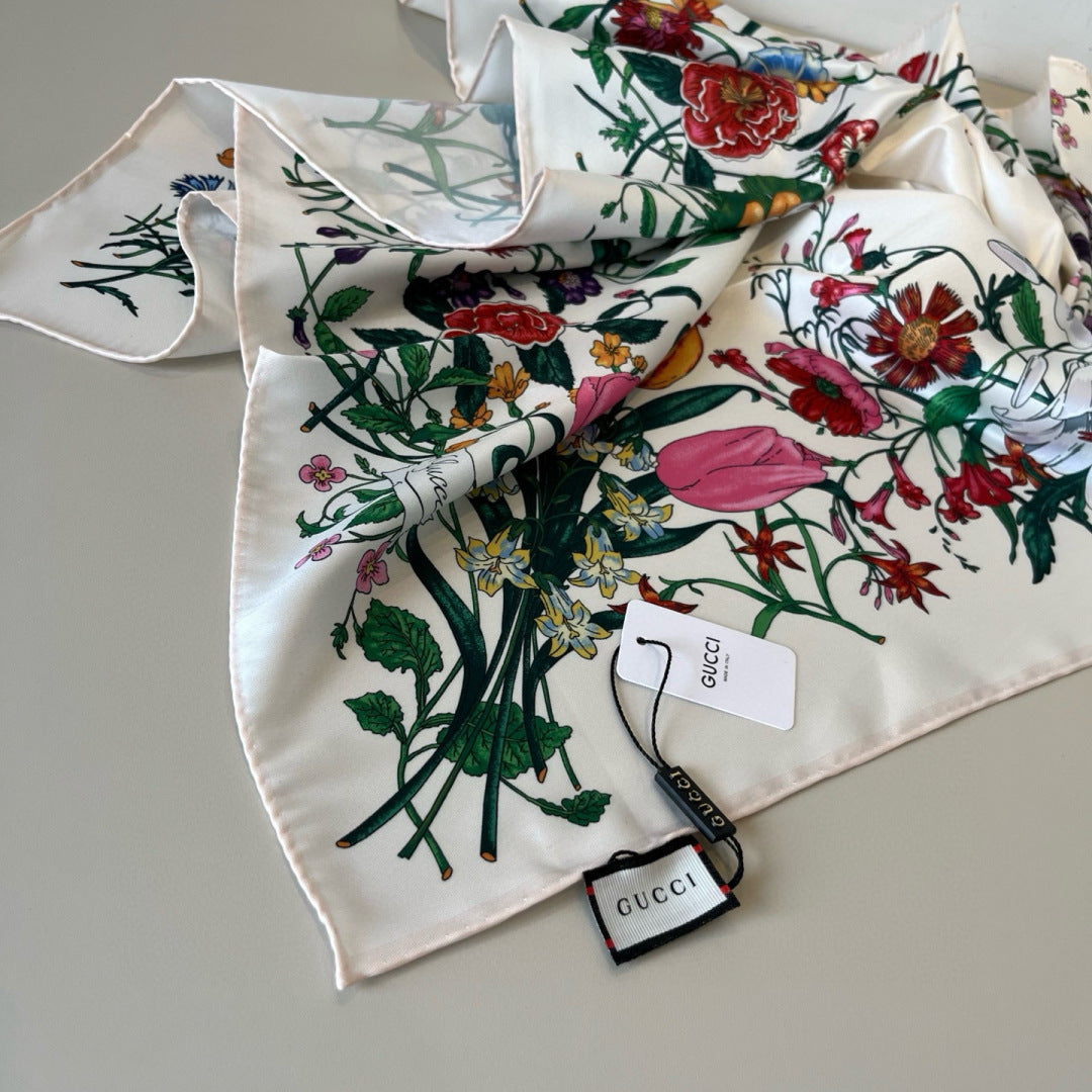 GG Scarf 90CM White Multi-Colored Floral Mulberry Silk 286774