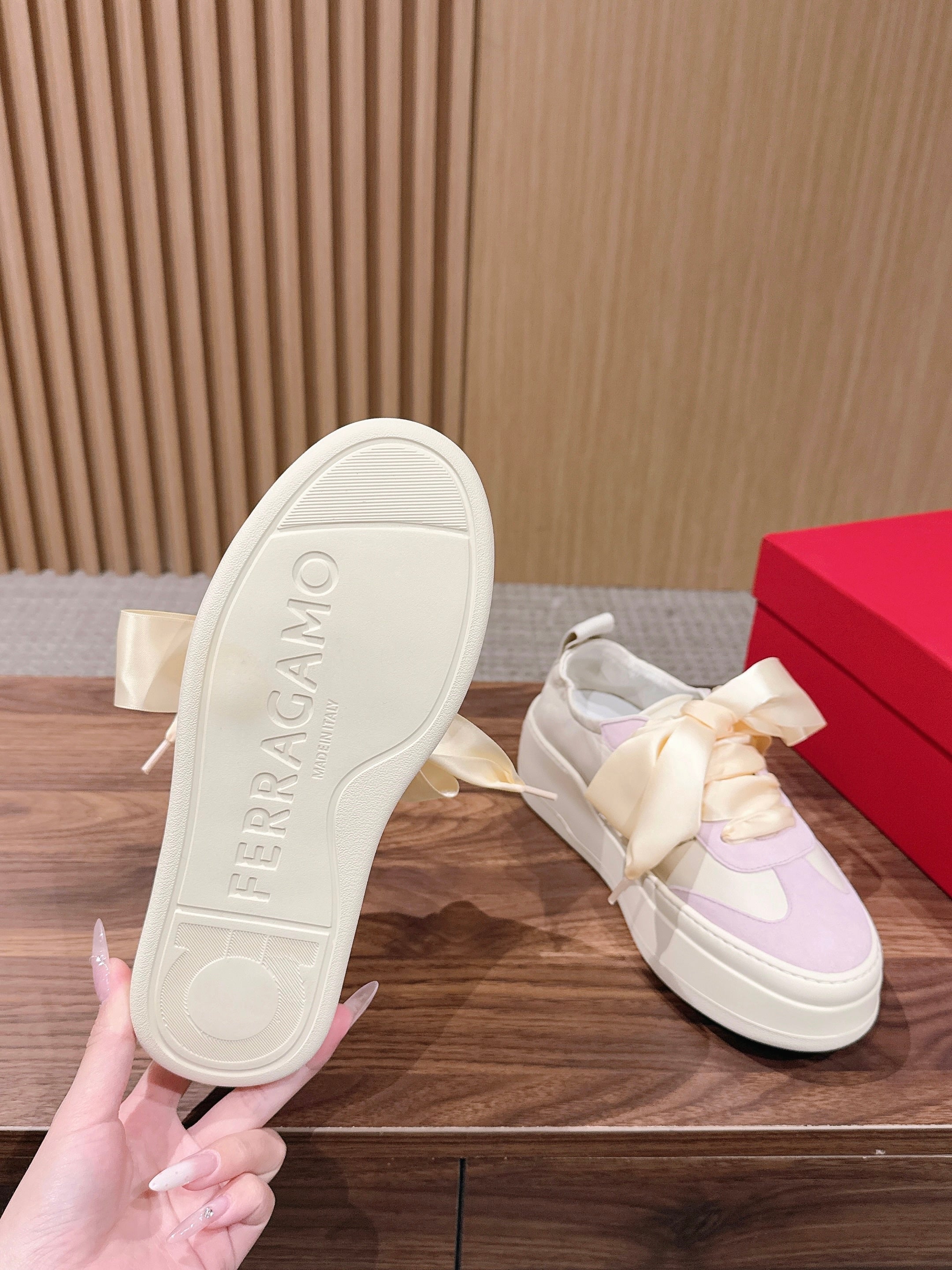 Ferragamo Bow Platform Sneaker Pink Ivory Satin Sheepskin