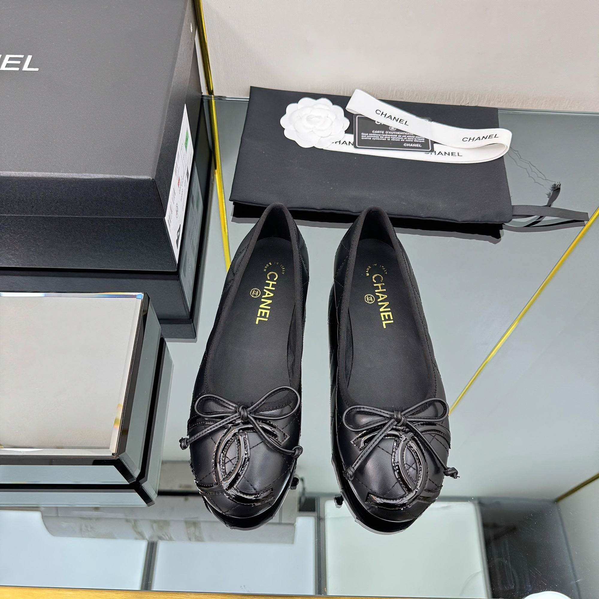 CC 25 Cambon Ballet Flat Black Quilted Calfskin