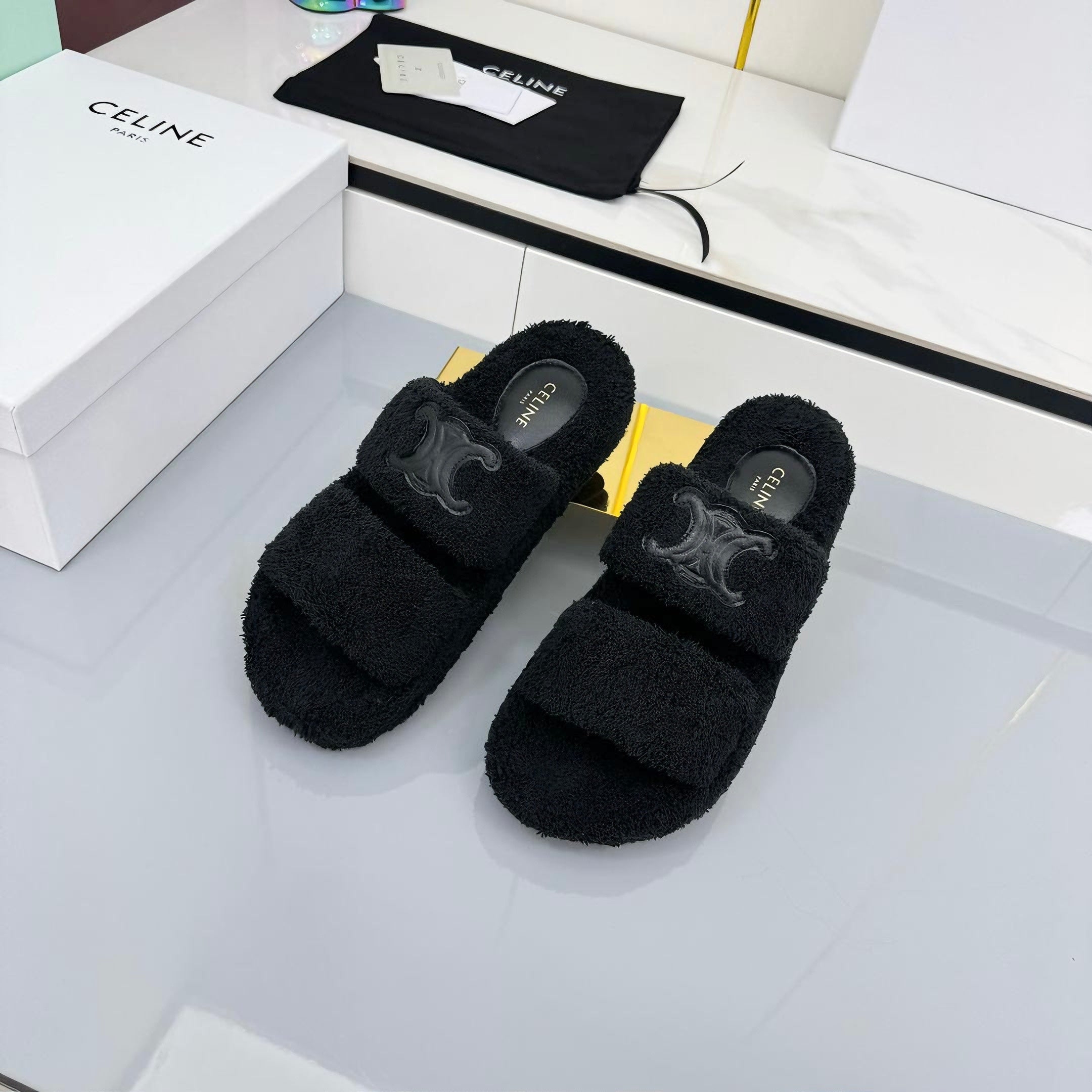 CL 25s Triomphe Slides 50mm Black Wool & Rubber 434462