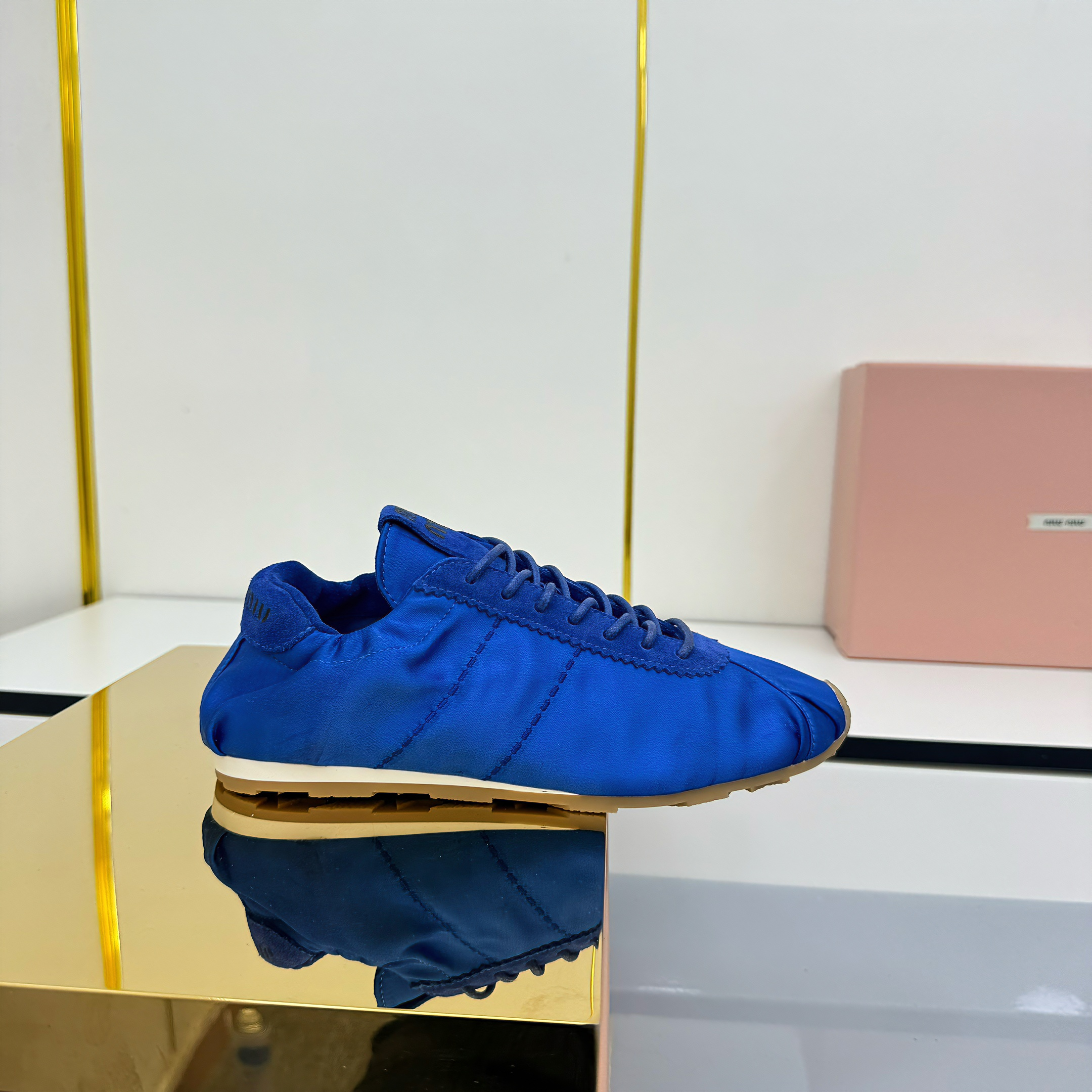 Miu Plume Sneakers Blue Satin 565675