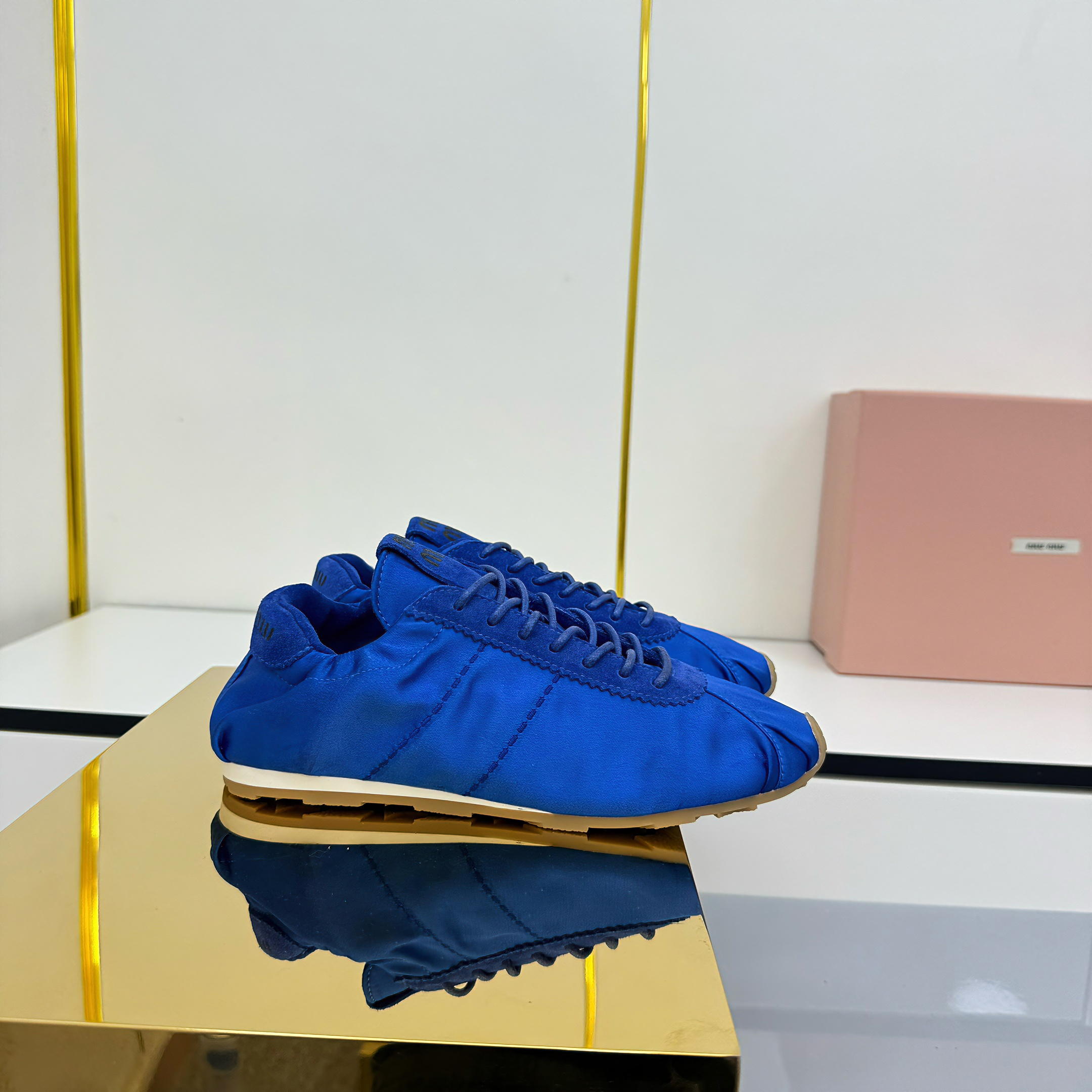 Miu Plume Sneakers Blue Satin 565675