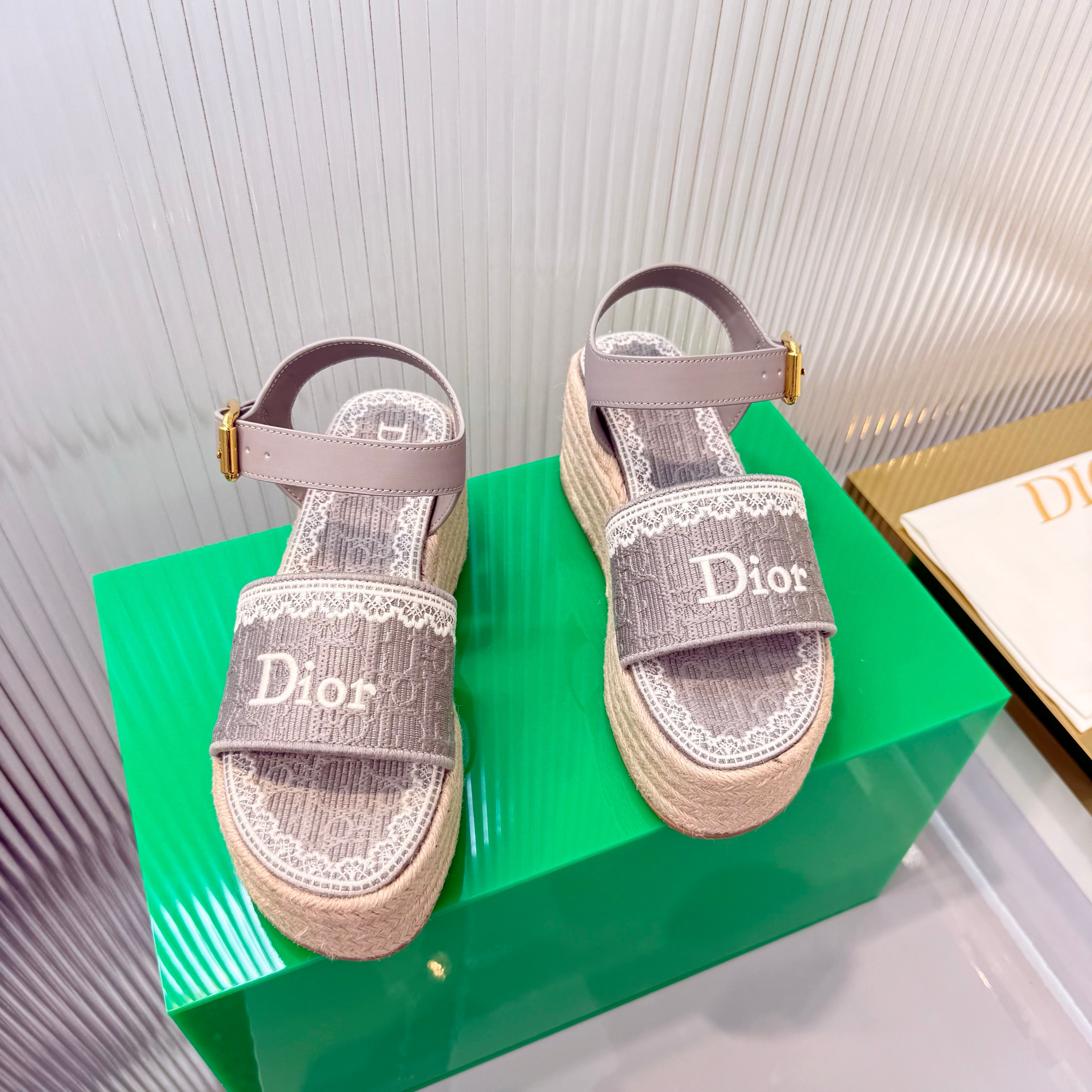 CD Dentelle Wedge Sandals Light Grey Cotton 832467