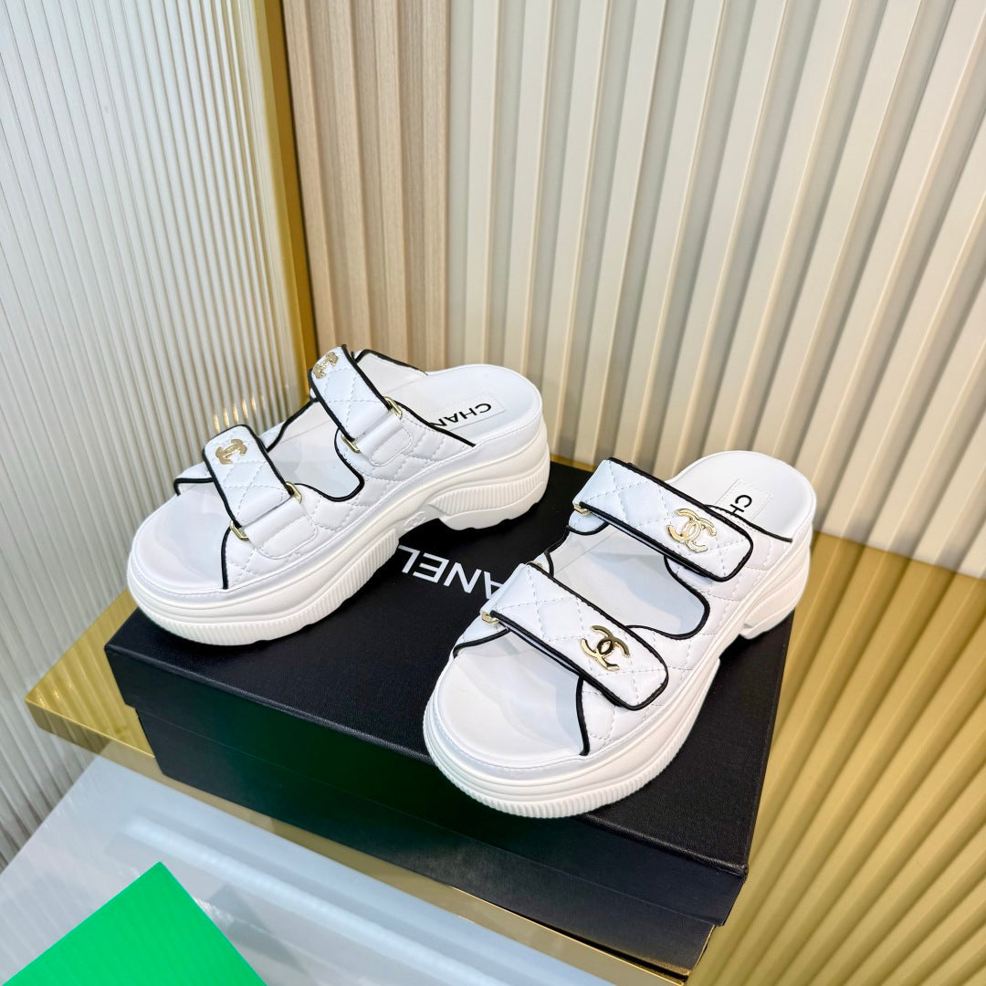 Chanel 26S Platform Sandals In White Mix Black Lambskin