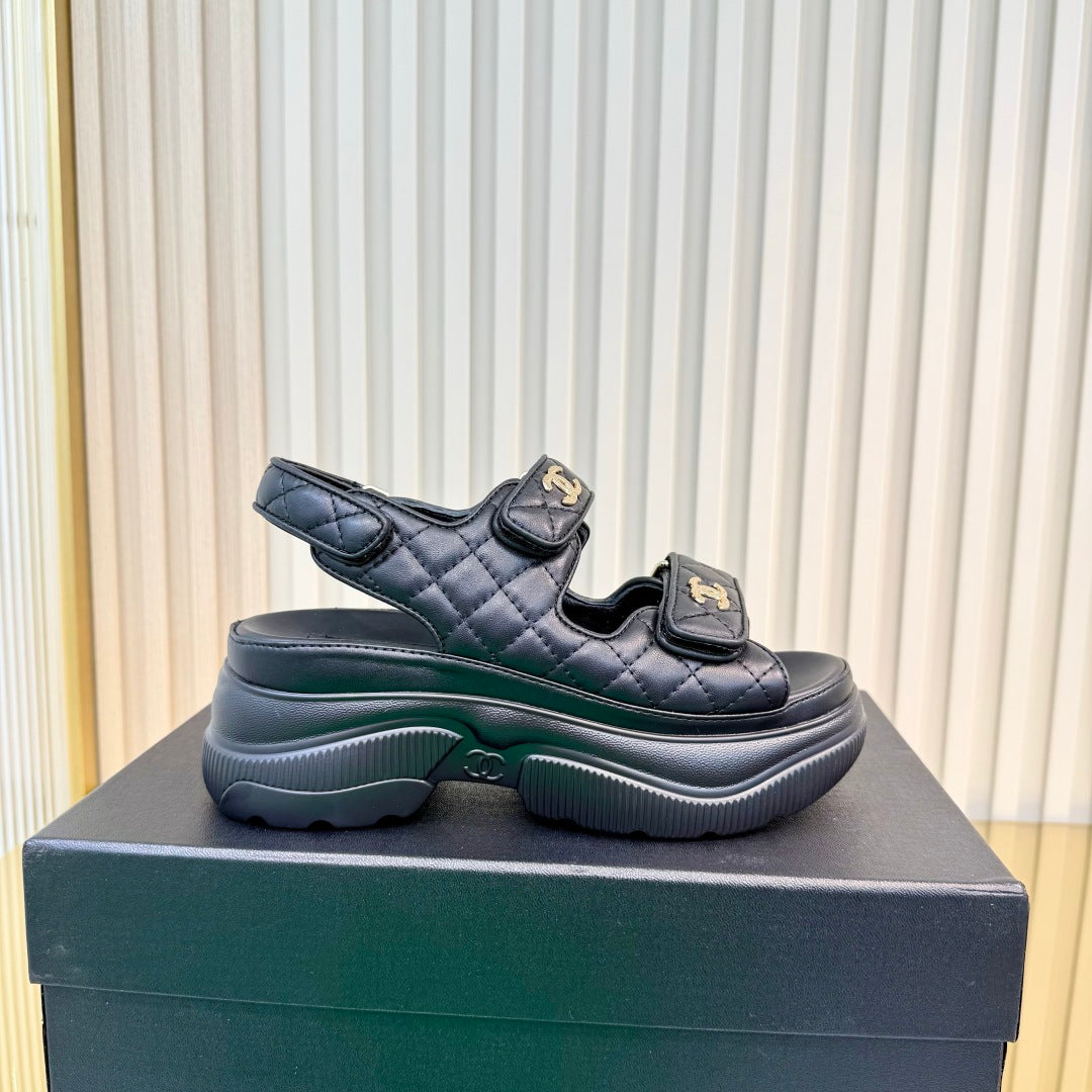 Chanel 26S Platform Velcro Sandals in Black Lambskin