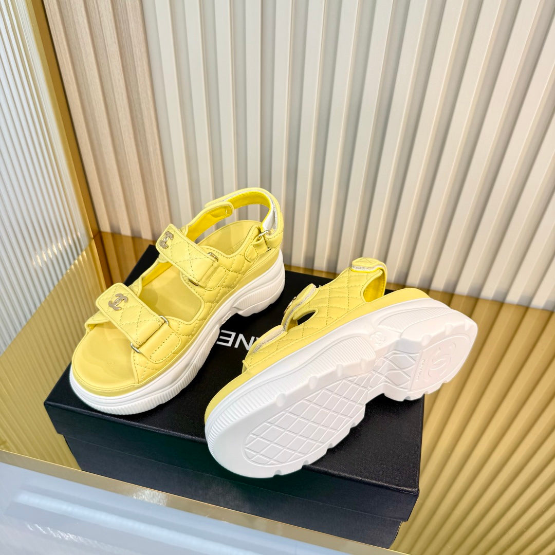Chanel 26S Platform Velcro Sandals in Yellow Lambskin