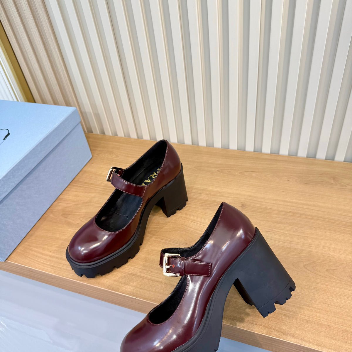 Prada 26s Mary Jane Shoes Burgundy Patent Leather 140577