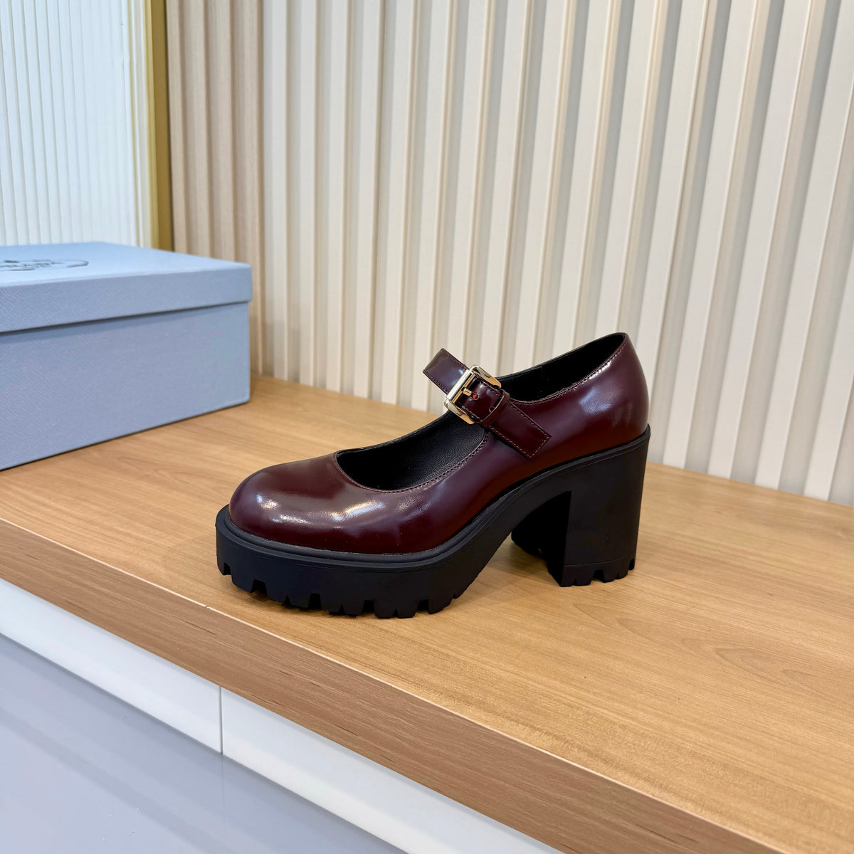 Prada 26s Mary Jane Shoes Burgundy Patent Leather 140577