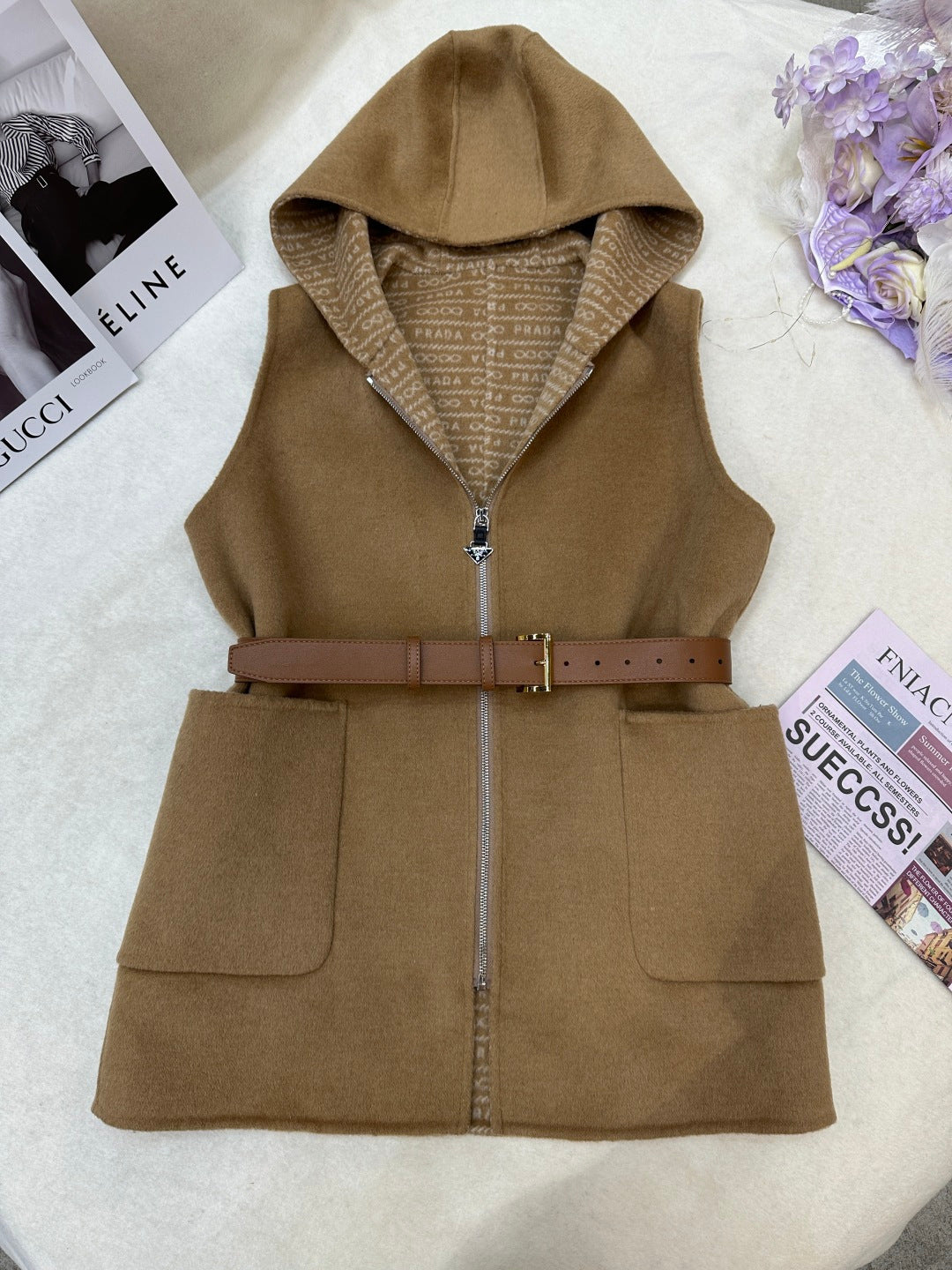 Prada 25 Hooded Vest Camel Wool 637341