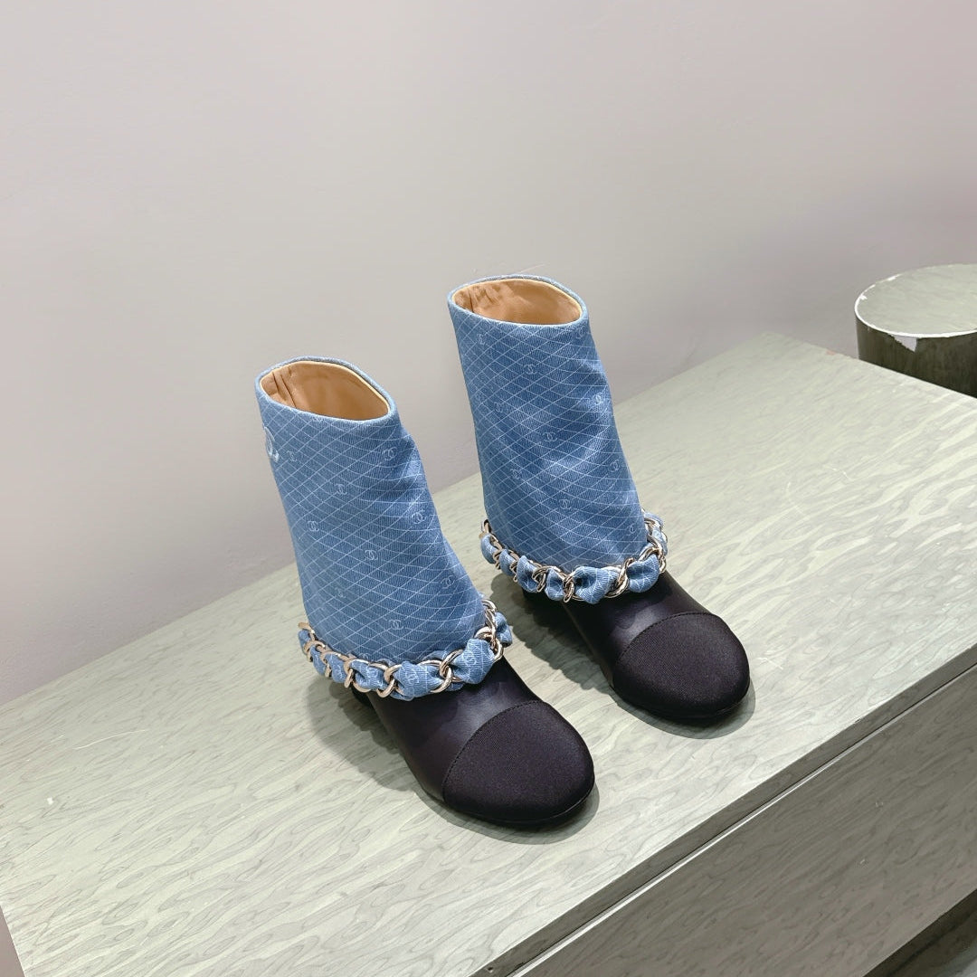 CC 25 Short Boot Blue Black Denim Fabric Calfskin 515265