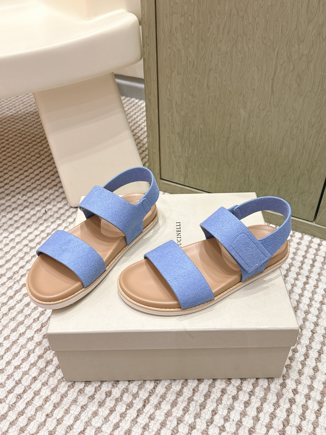 Brunello 26s Velcro Men's Sandals Light Blue Brown Suede Cowhide 612227