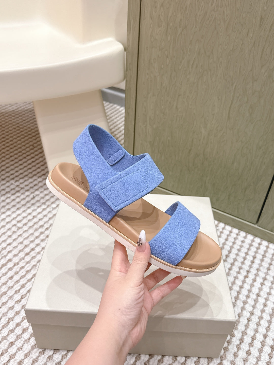 Brunello 26s Velcro Men's Sandals Light Blue Brown Suede Cowhide 612227