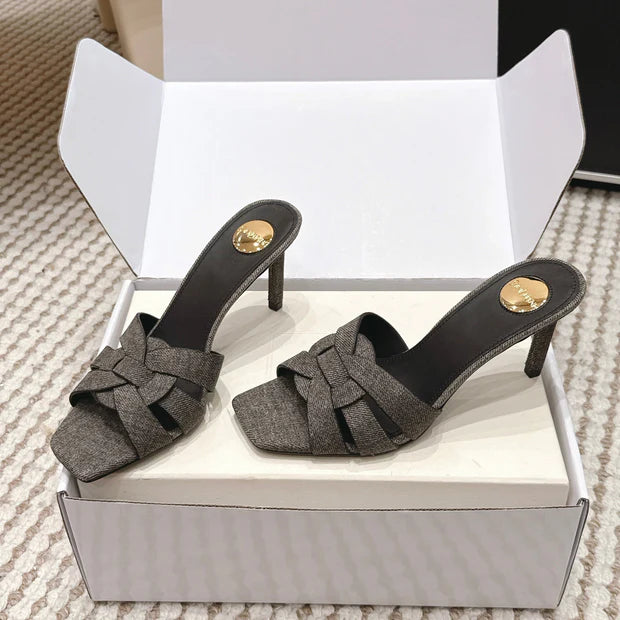 YSL 26ss High-Heeled Slippers 75 Dark Gray Canvas Calfskin 654748
