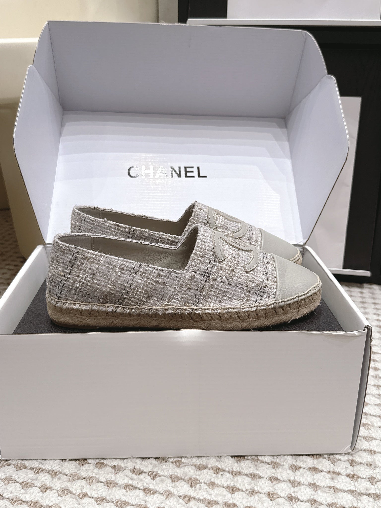 CC 26s Slip Ons Grey Tweed Patent Calfskin