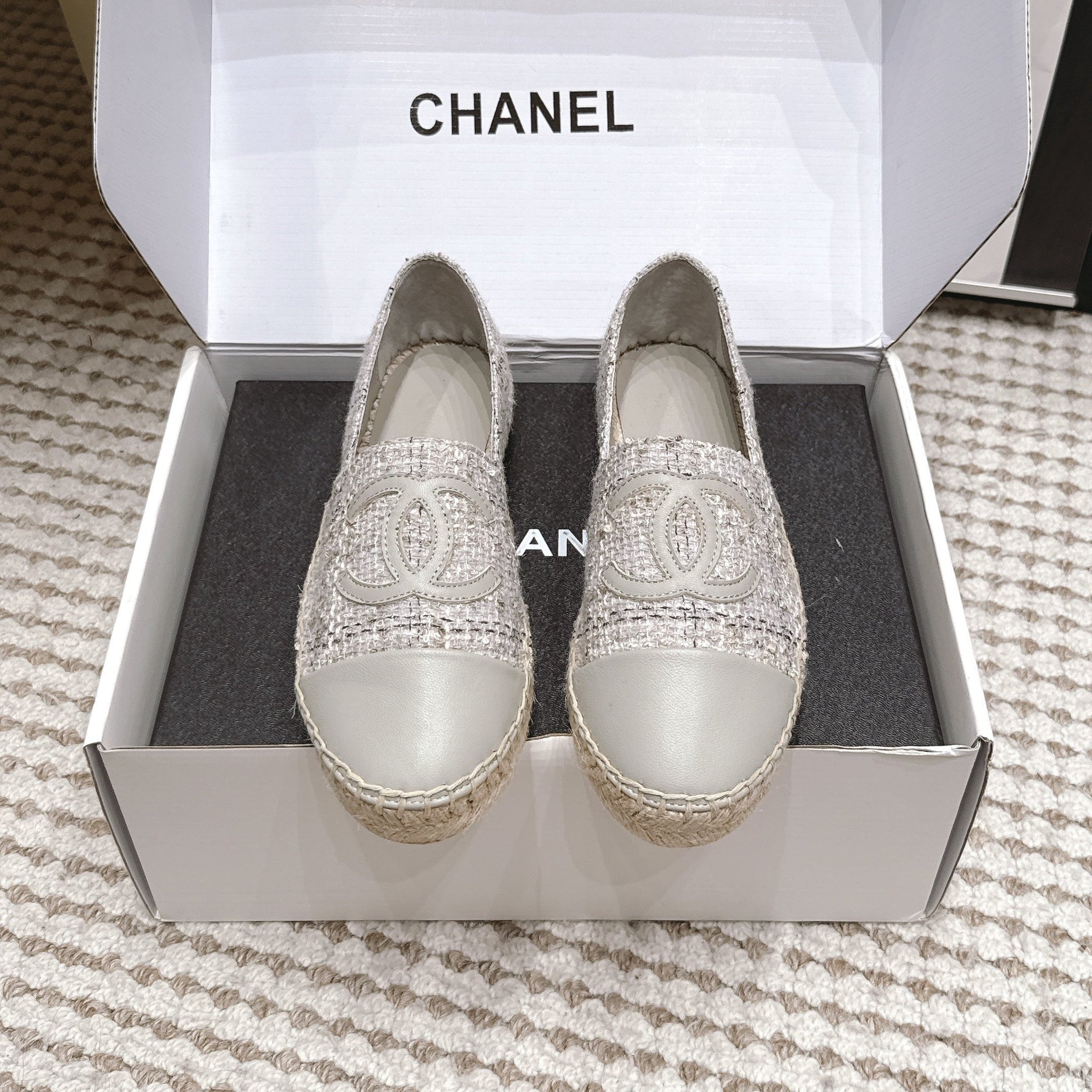 CC 26s Slip Ons Grey Tweed Patent Calfskin