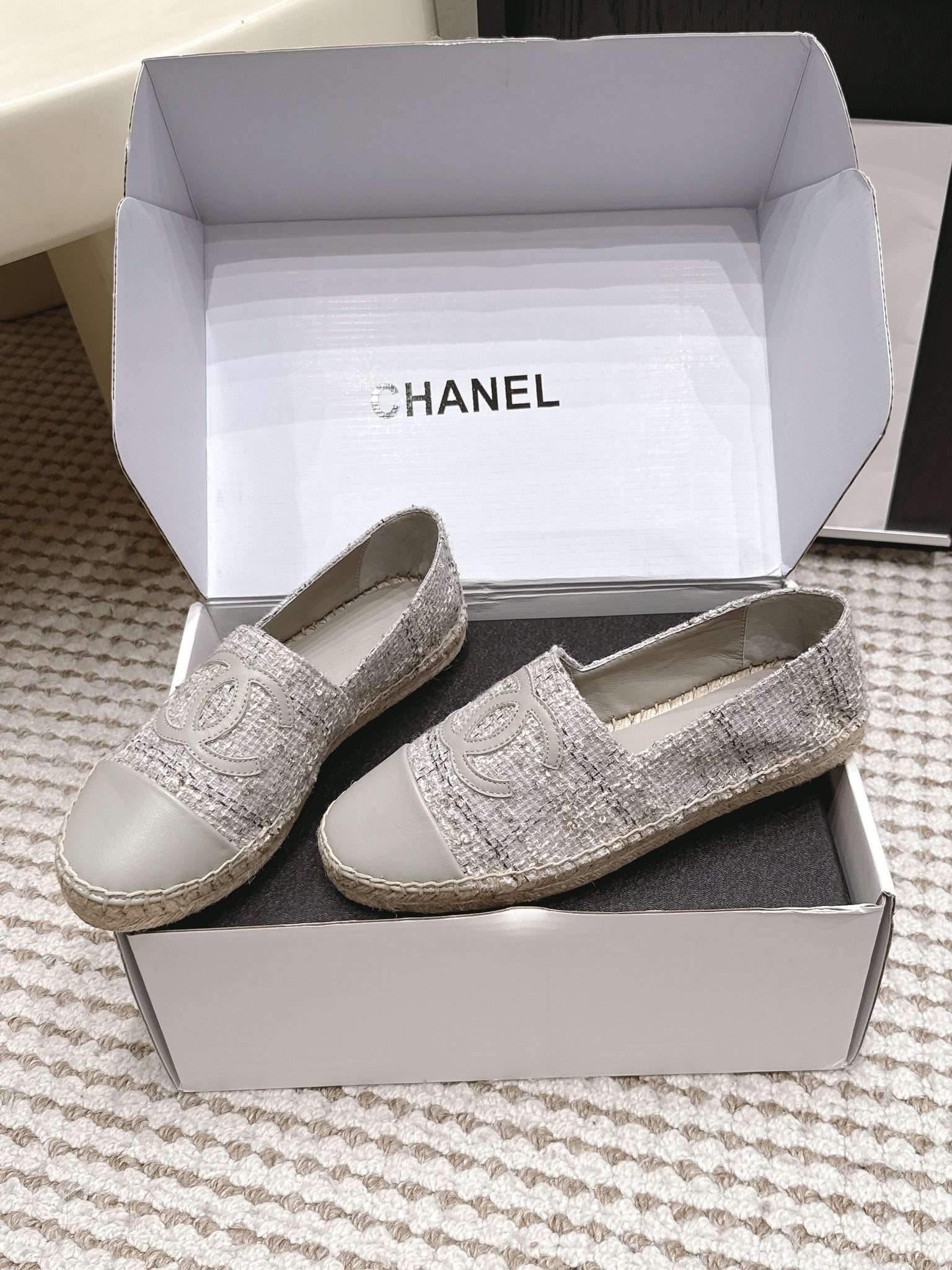 CC 26s Slip Ons Grey Tweed Patent Calfskin