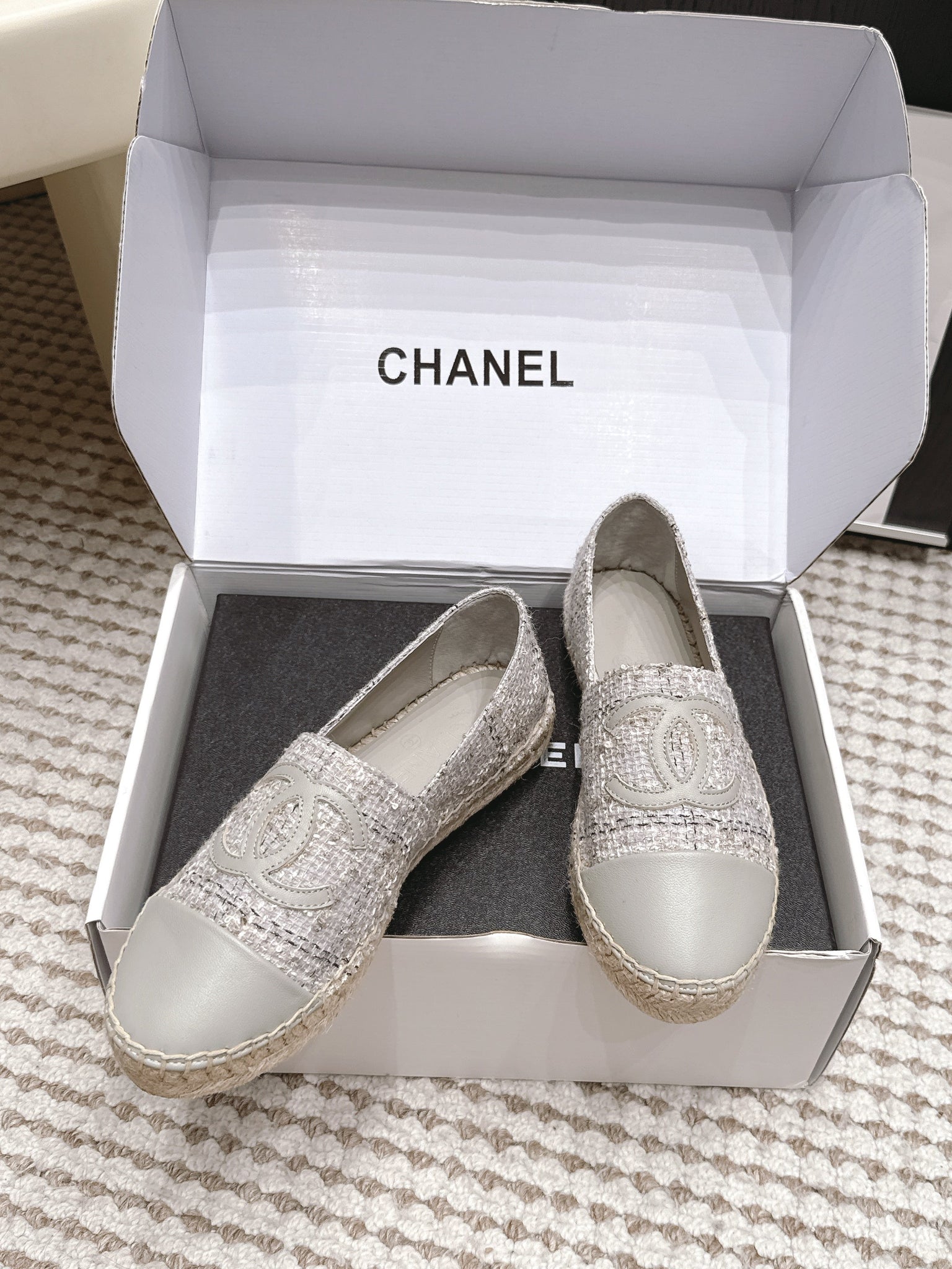 CC 26s Slip Ons Grey Tweed Patent Calfskin