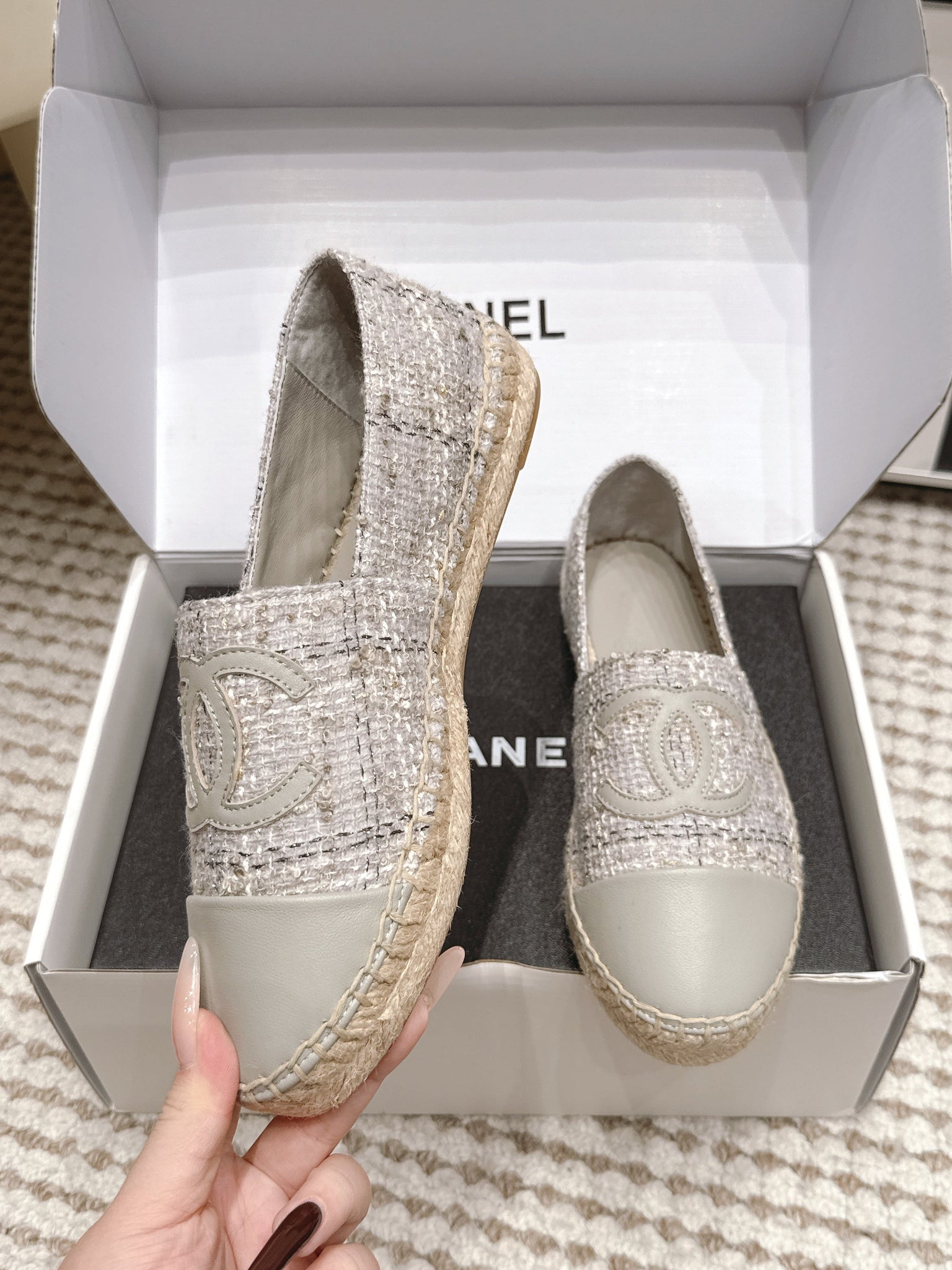 CC 26s Slip Ons Grey Tweed Patent Calfskin