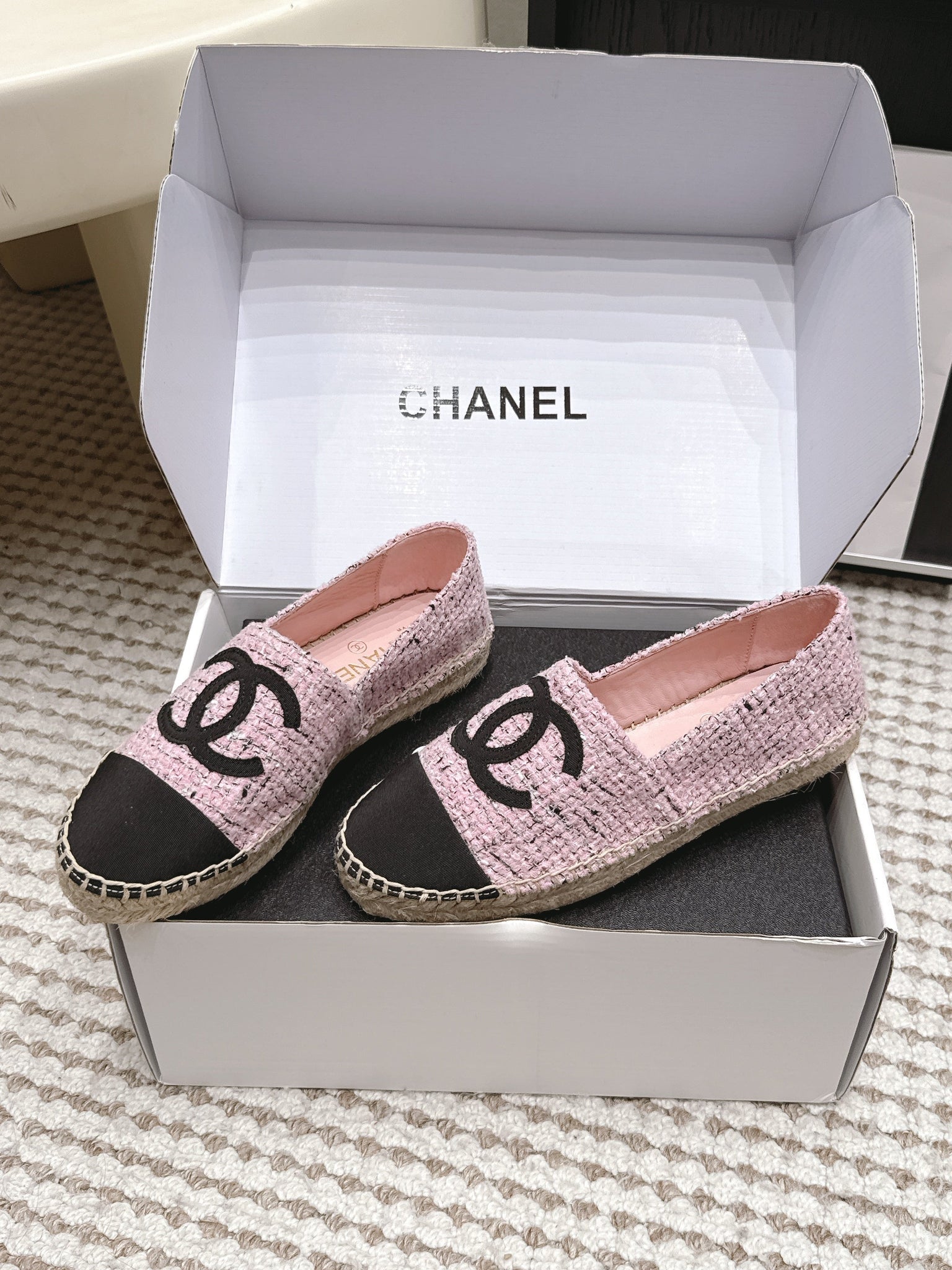 CC 26s Slip Ons Black Pink Tweed Patent Calfskin