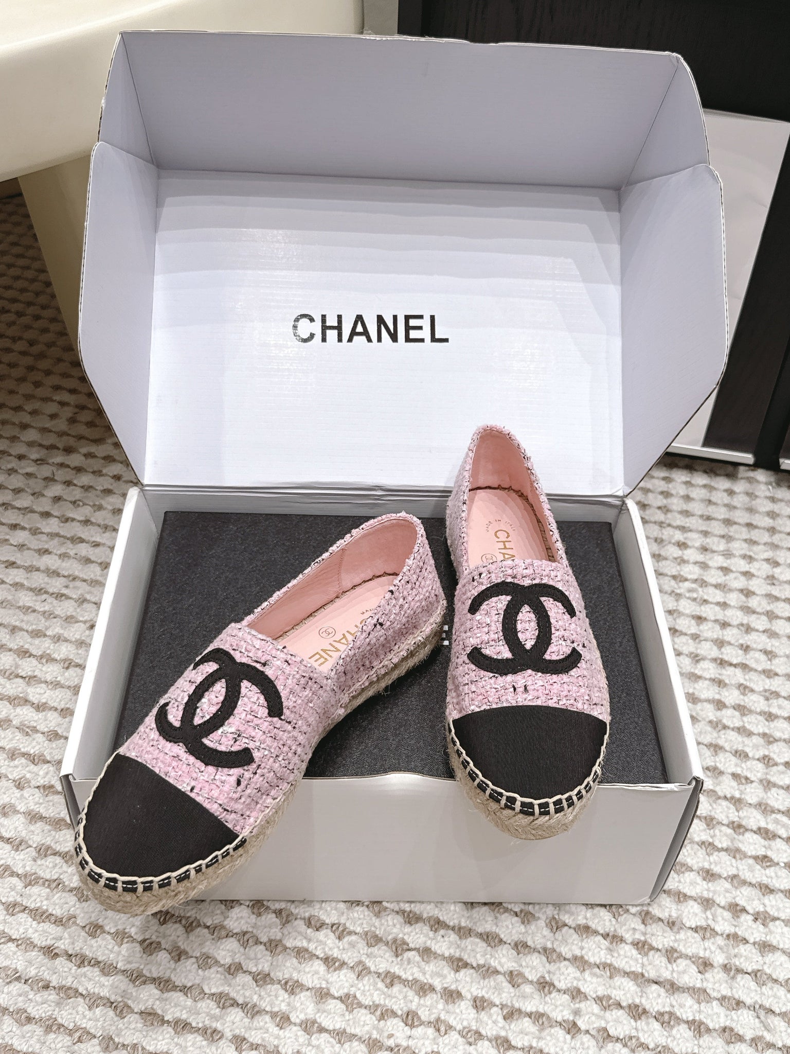 CC 26s Slip Ons Black Pink Tweed Patent Calfskin