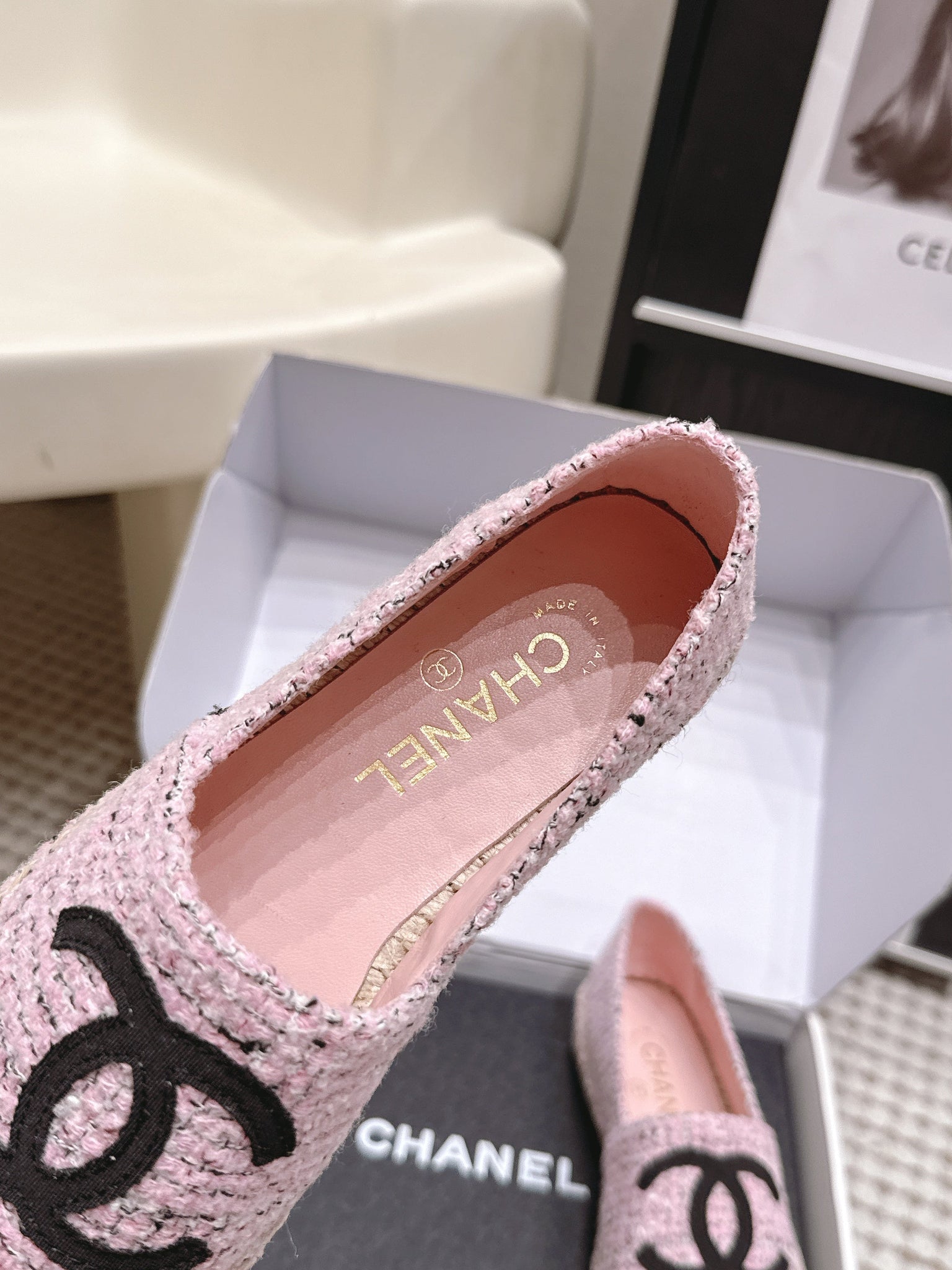 CC 26s Slip Ons Black Pink Tweed Patent Calfskin