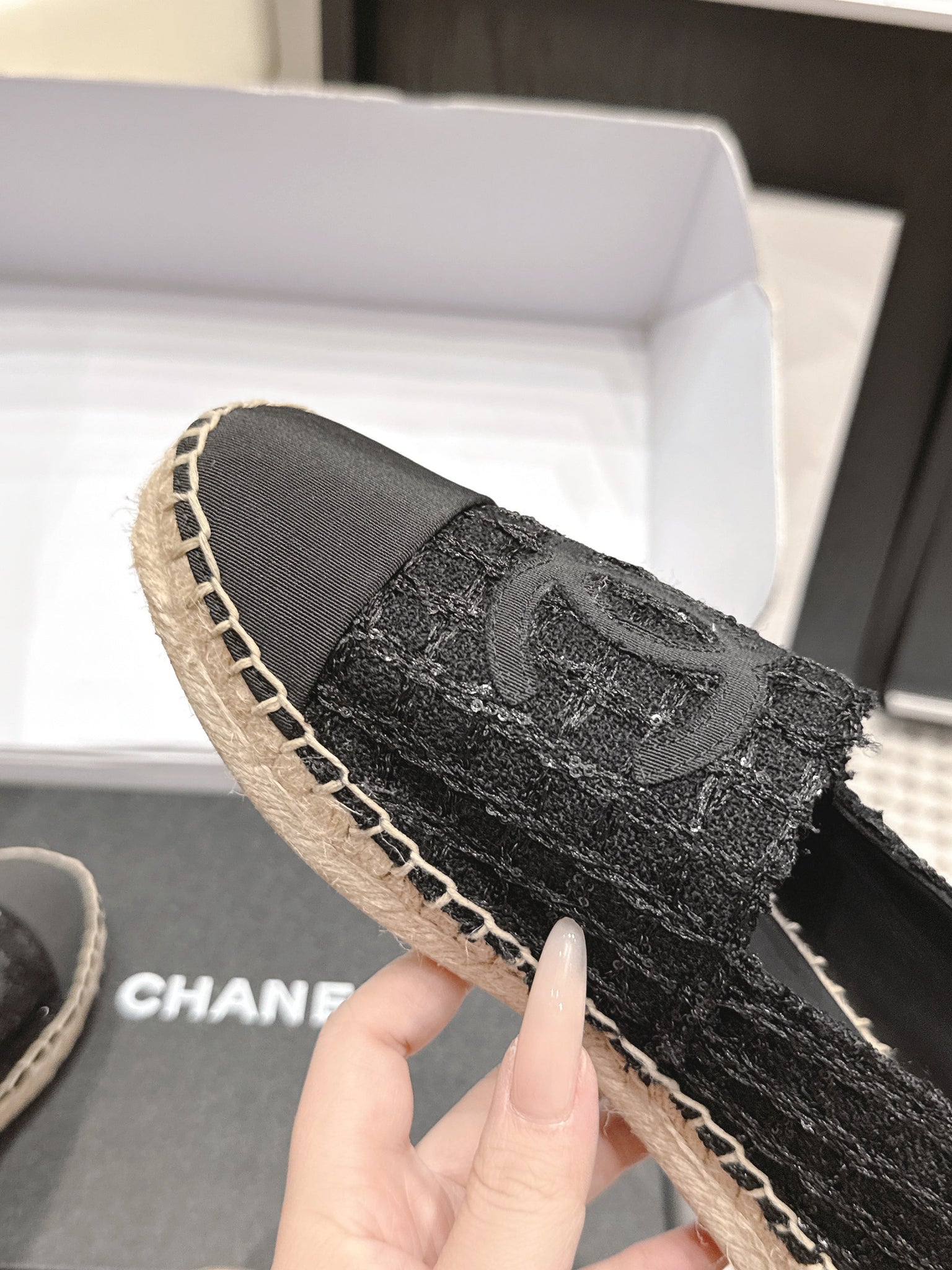 CC 26s Slip Ons Black Tweed Patent Calfskin