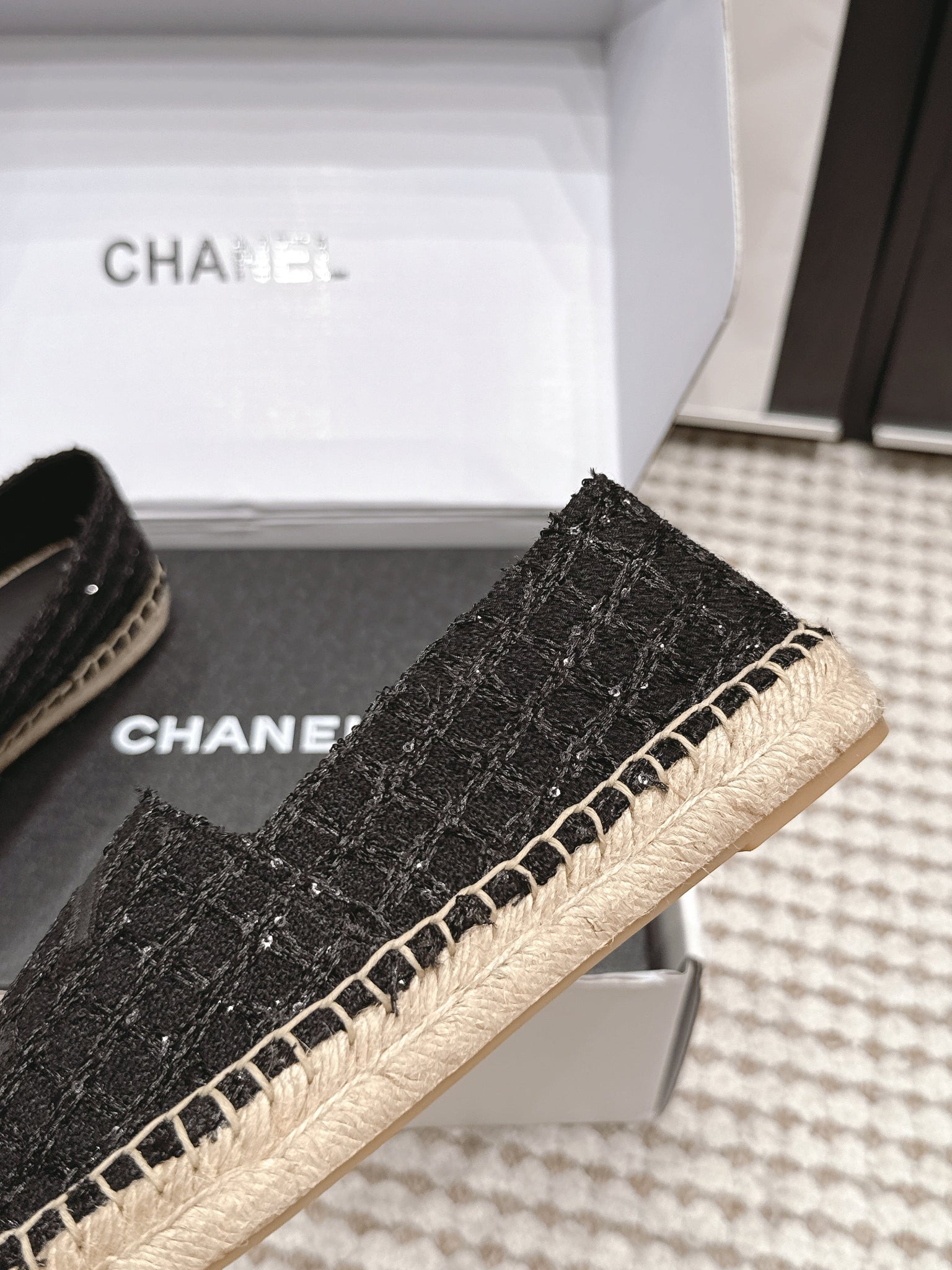CC 26s Slip Ons Black Tweed Patent Calfskin