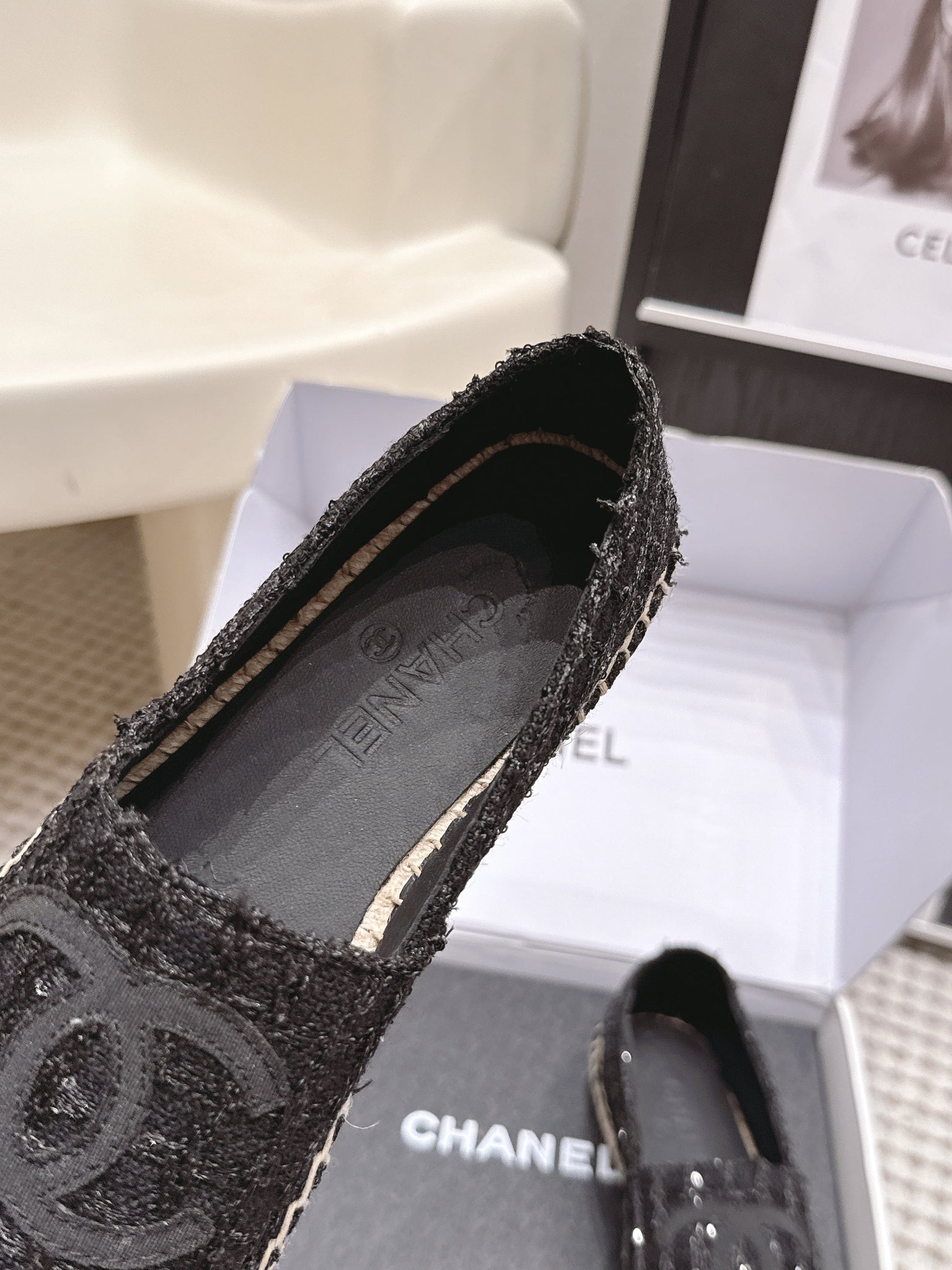 CC 26s Slip Ons Black Tweed Patent Calfskin