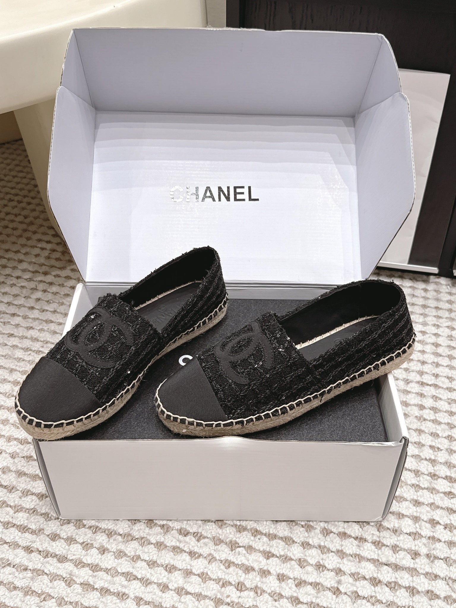CC 26s Slip Ons Black Tweed Patent Calfskin
