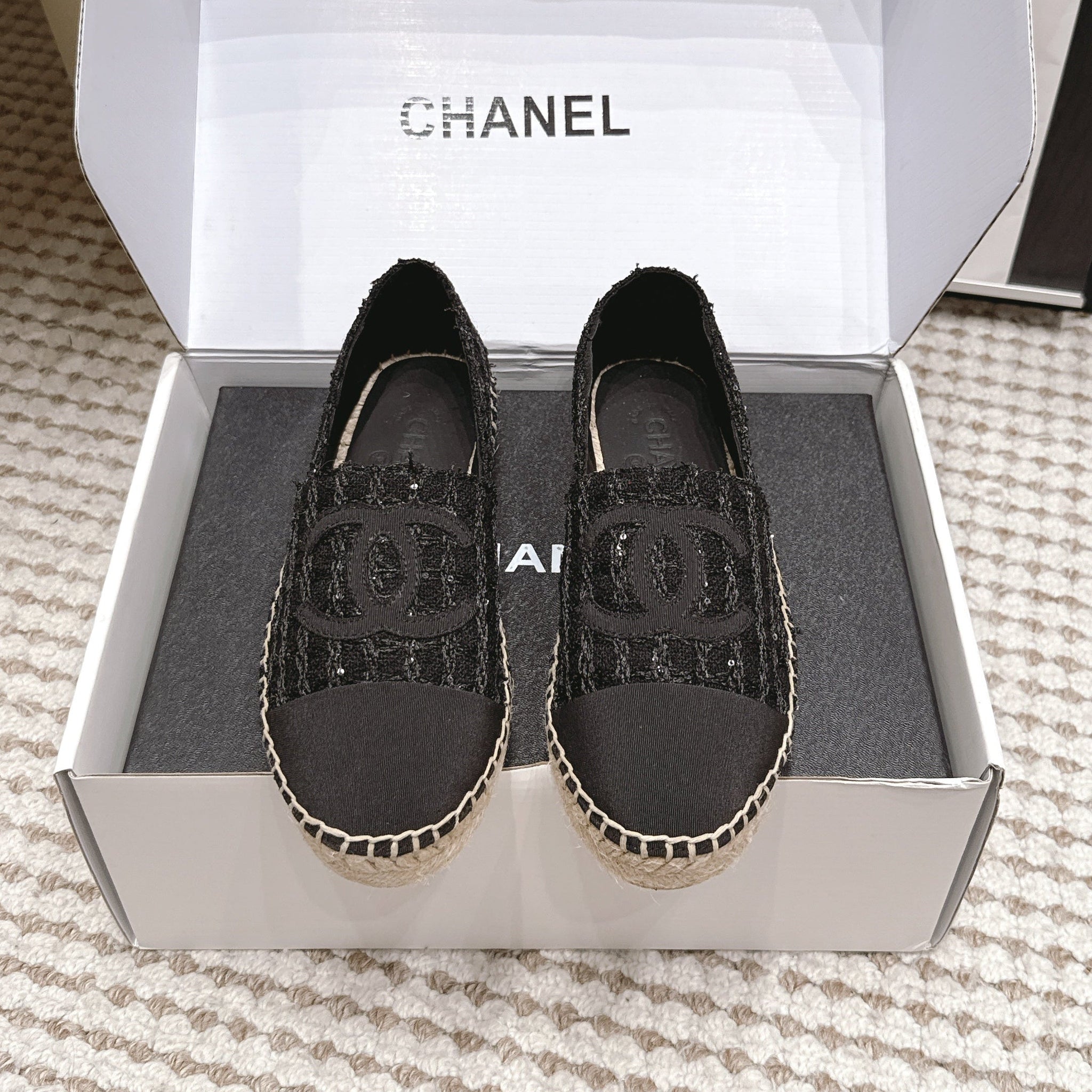 CC 26s Slip Ons Black Tweed Patent Calfskin