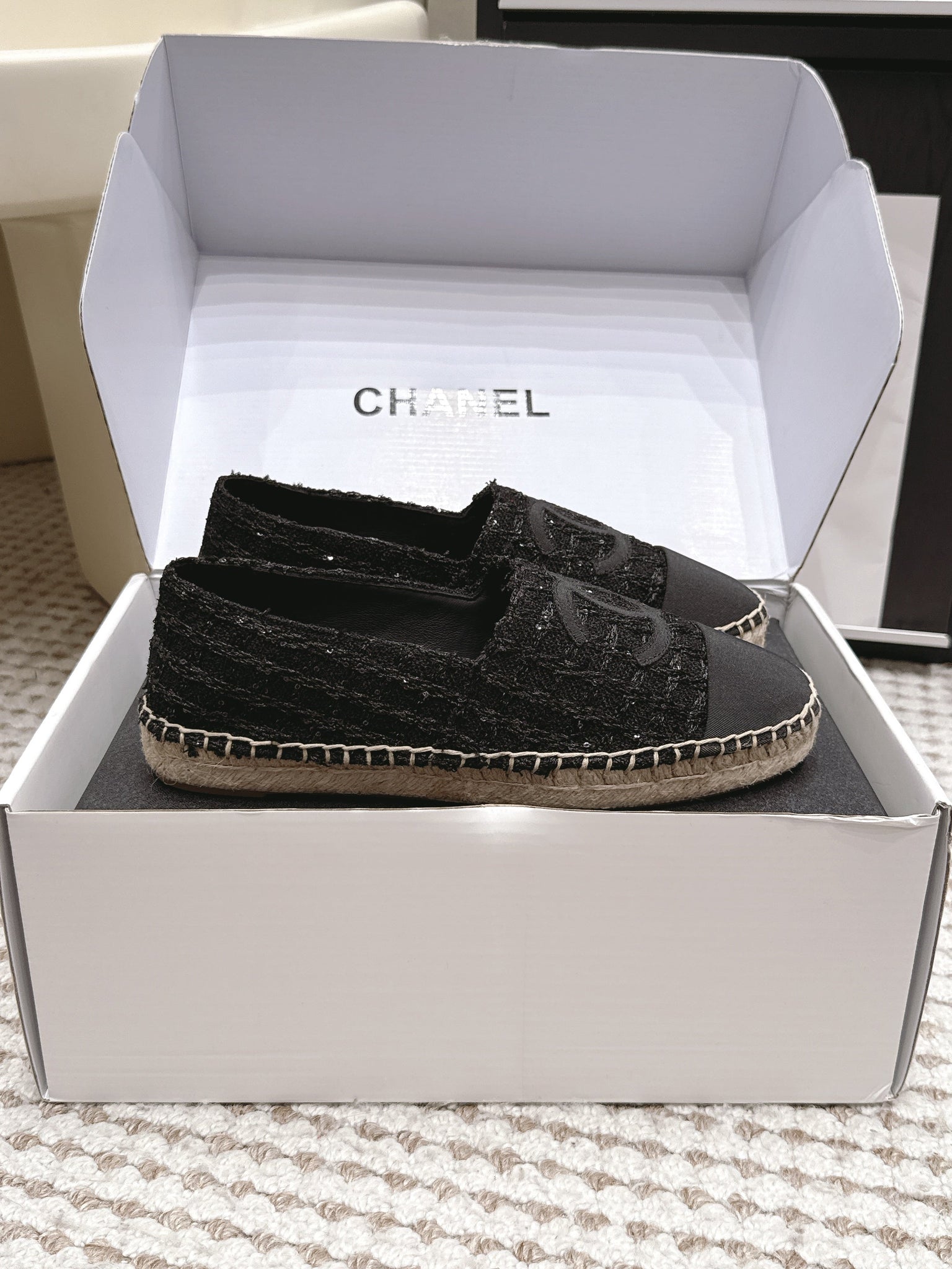 CC 26s Slip Ons Black Tweed Patent Calfskin