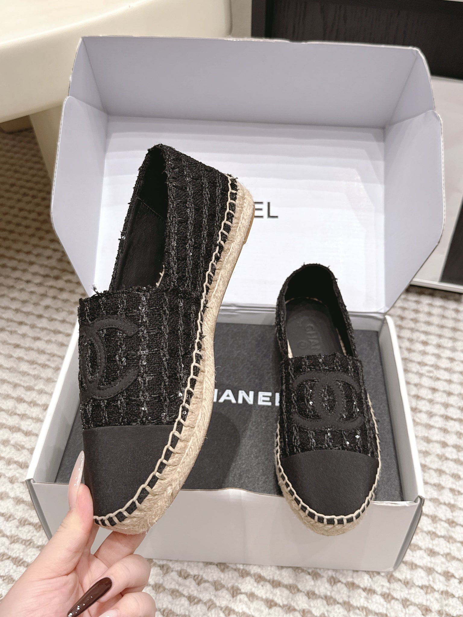 CC 26s Slip Ons Black Tweed Patent Calfskin