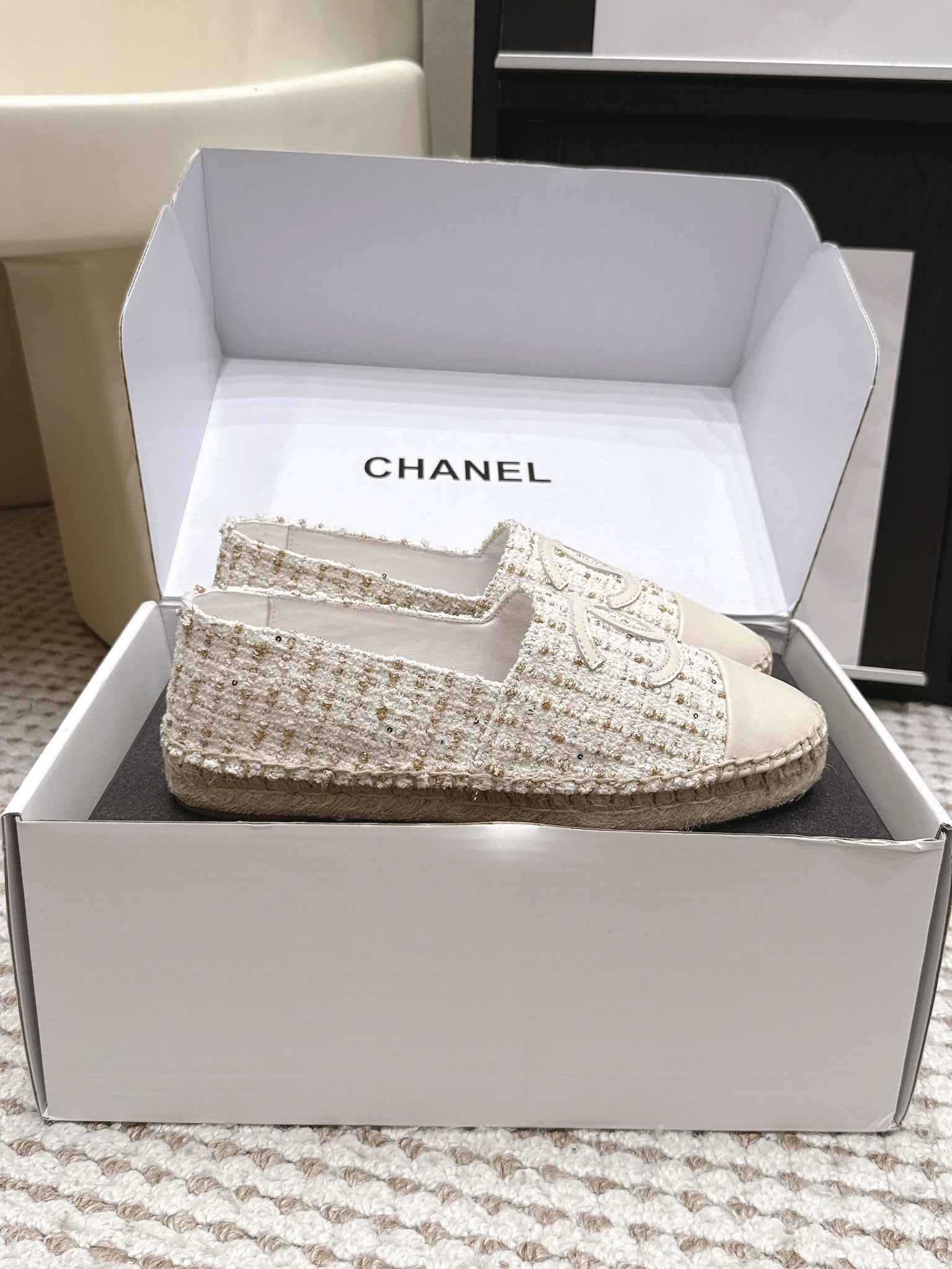 CC 26s Slip Ons White Tweed Patent Calfskin