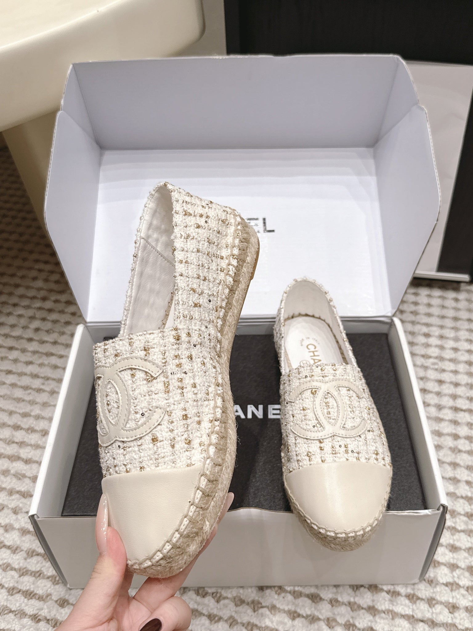 CC 26s Slip Ons White Tweed Patent Calfskin
